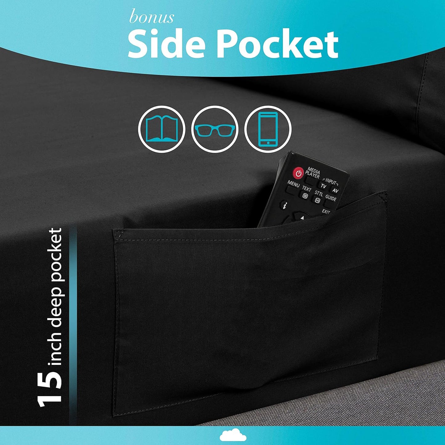 Naiade King Size Sheet Set,Soft Microfiber 4 Piece Hotel Luxury Bed Sheets with Deep Pockets, Embroidered Pillow Case,Side Storage Pocket Fitted Sheet, Flat Sheet (Black)
