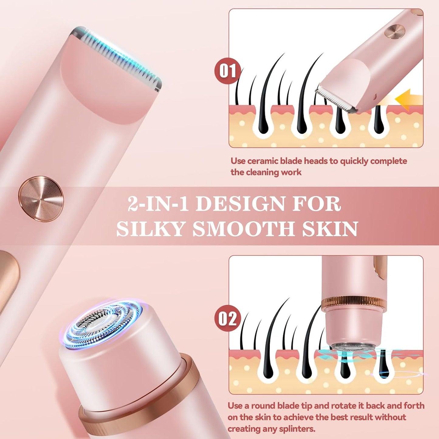 Bikini Trimmer for Women 2 in 1 High Power Epilators Hair Removal Waterproof Electric Razors Women's Electric Razor Pubic Hair Trimmer Shaver for Women for Ladies Pubic, Face, Underarms, Legs (Pink)
