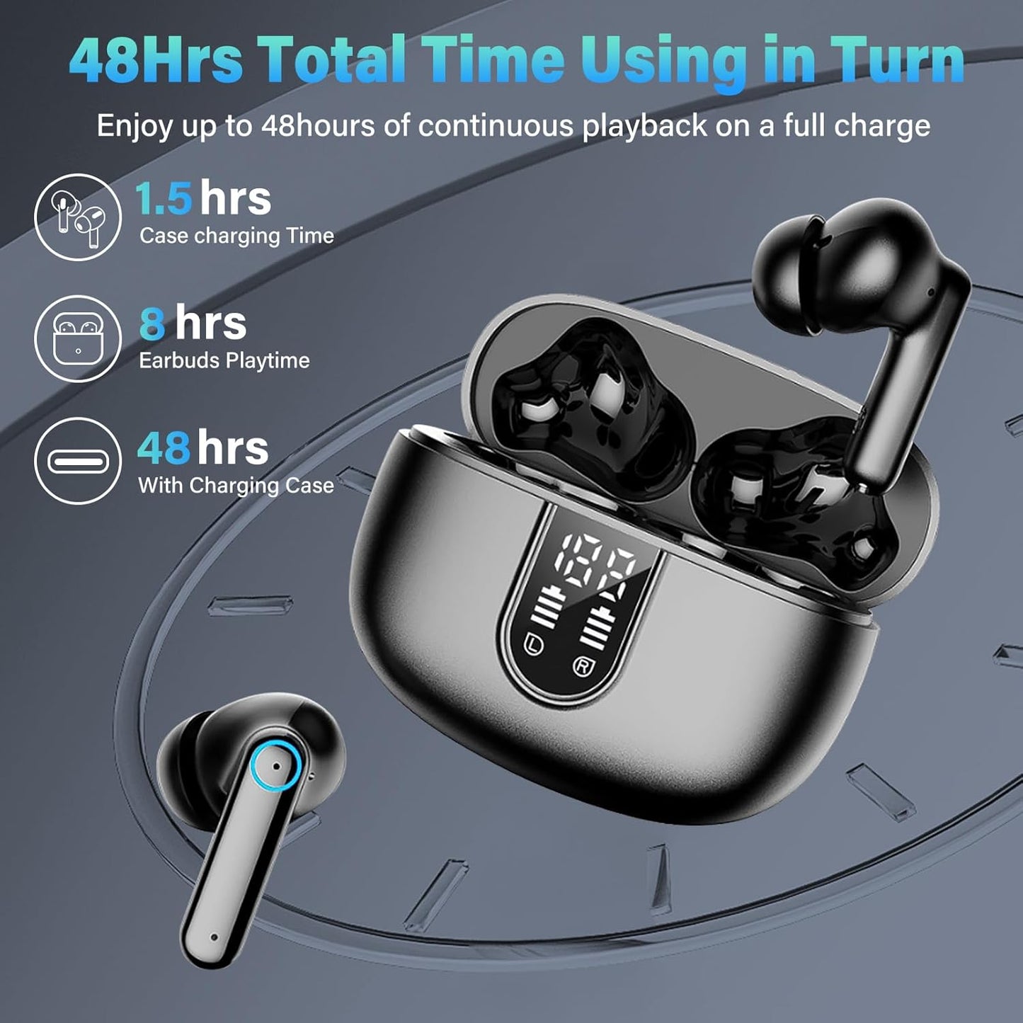 BT 5.4 Earbuds 50H Waterproof LED Display Deep Bass Headset Unisex Hoey