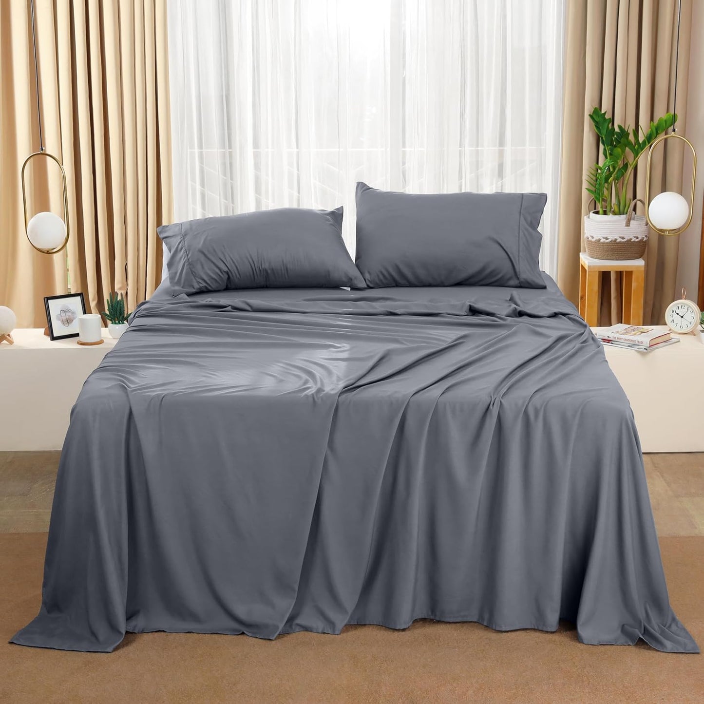 Bedding King Bed Sheets Set - 4 Piece Bedding - Brushed Microfiber - Shrinkage and Fade Resistant - Easy Care (King, Grey)