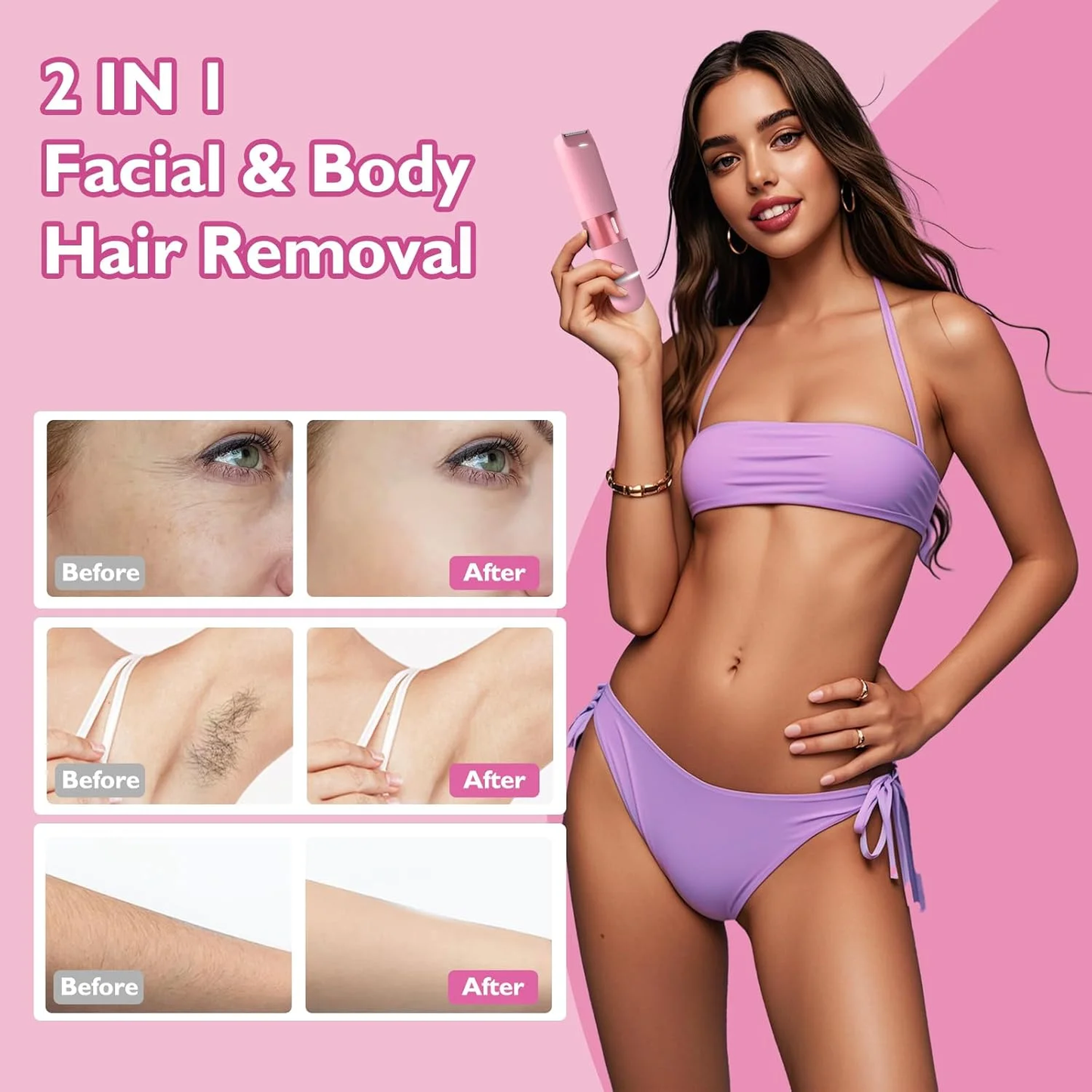 Hoeylife Dual Head Women Electric Razor, 2 in 1 Bikini Trimmer for Women IPX7 Waterproof Wet & Dry Use Body Hair Shaver and Facial Hair Remover for Bikini Leg Arm Body Underarm Face