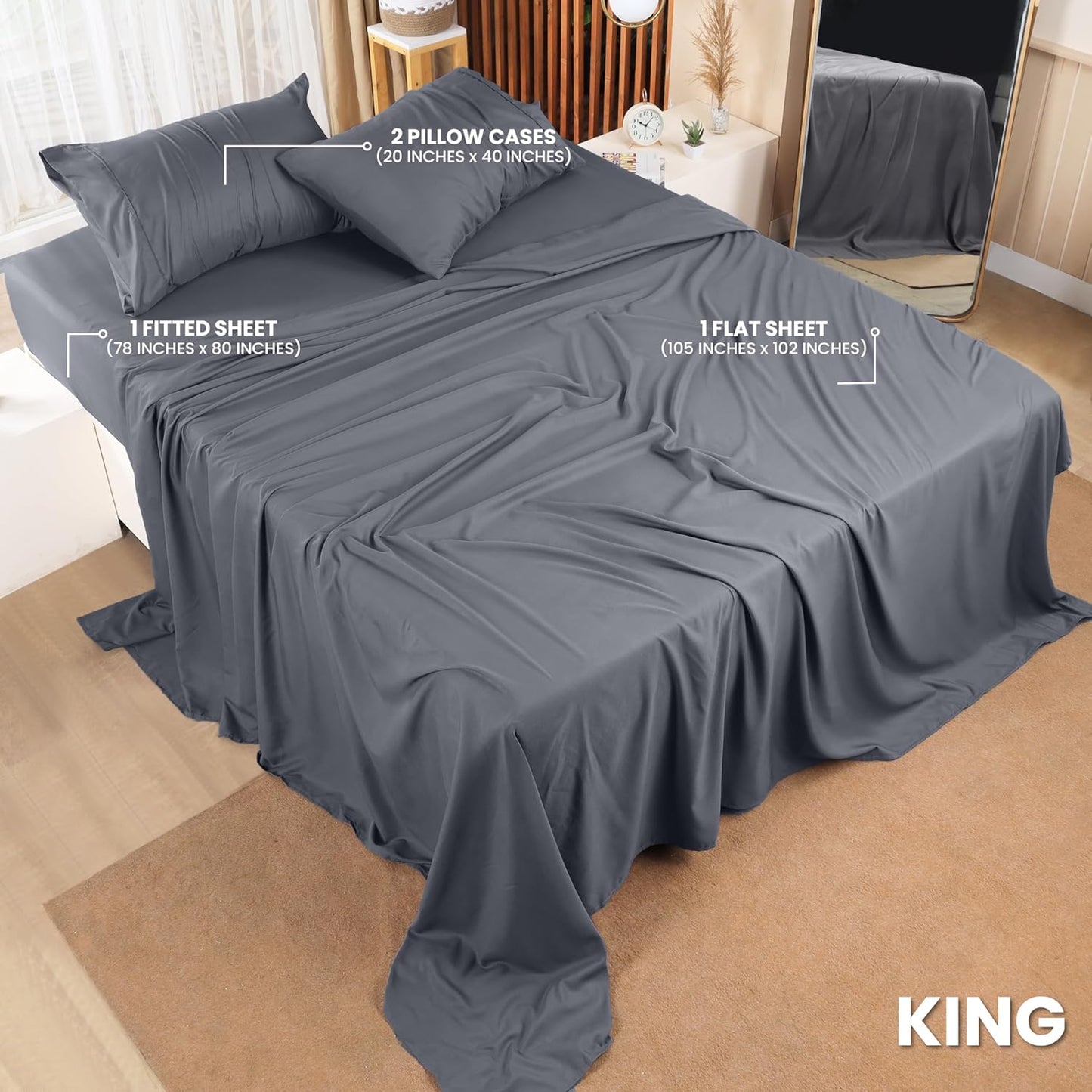 Bedding King Bed Sheets Set - 4 Piece Bedding - Brushed Microfiber - Shrinkage and Fade Resistant - Easy Care (King, Grey)