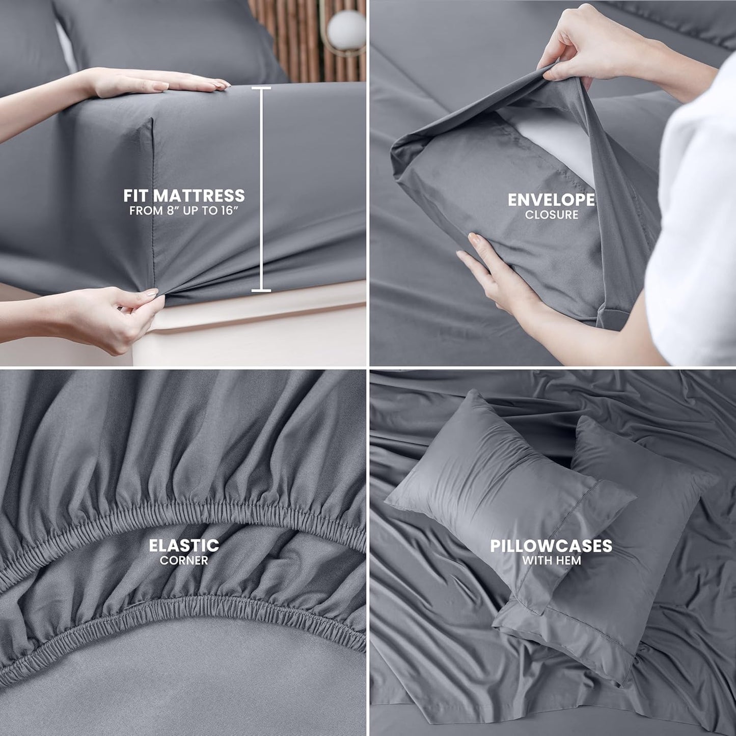 Bedding King Bed Sheets Set - 4 Piece Bedding - Brushed Microfiber - Shrinkage and Fade Resistant - Easy Care (King, Grey)