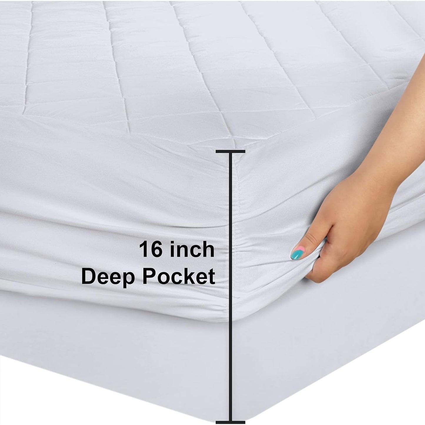 Quilted Fitted Mattress Pad, Full Size, Elastic Fitted Mattress Topper Protector and Cover Stretches up to 16 Inches Deep, Machine Washable (White)