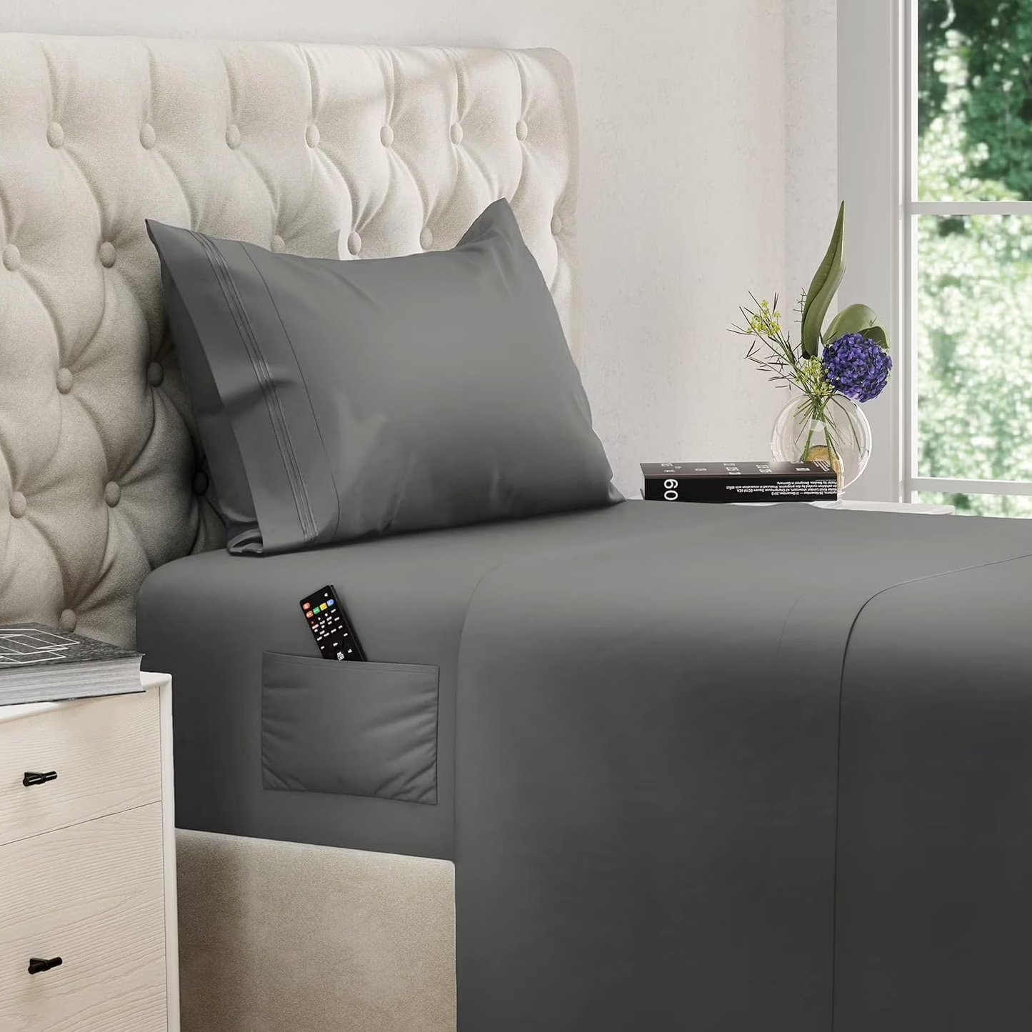 Hoey Twin Size Sheet Set, Soft Microfiber 3 Piece Hotel Luxury Bed Sheets with Deep Pockets, Embroidered Pillow Case, Side Storage Pocket Fitted Sheet, Flat Sheet (Gray)