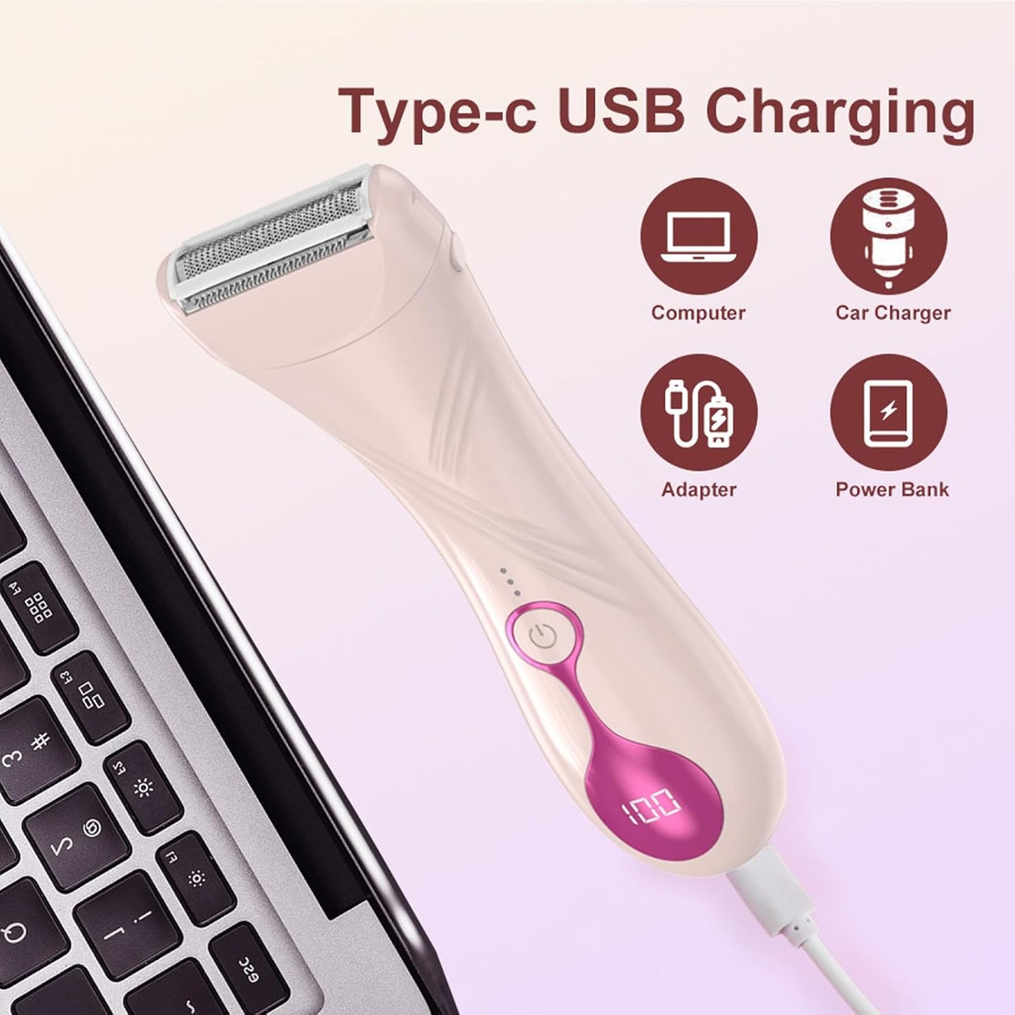 Hoeylife Electric Shaver for Women, Electric Razor for Women, Cordless Bikini Trimmer with LED Display, Wet & Dry Body Hair Trimmer for Bikini Underarm Leg Arm,Pink