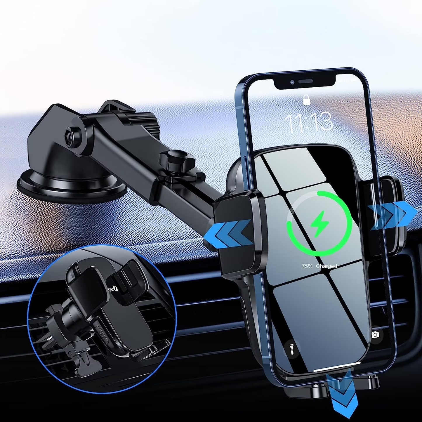 Hoey 3 in 1 Wireless Car Charger, 15W Smart Sensor Auto Clamping Air Vent Dashboard Windshield Car Phone Charging Holder Mount, Compatible for iPhone, Samsung, Google, LG, etc