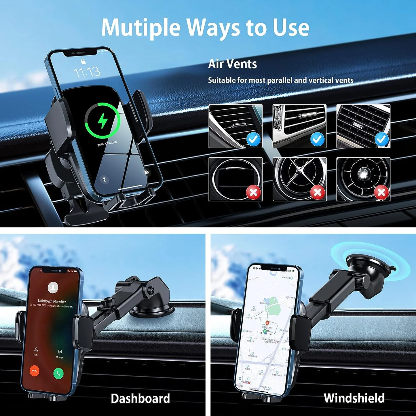 Hoey 3 in 1 Wireless Car Charger, 15W Smart Sensor Auto Clamping Air Vent Dashboard Windshield Car Phone Charging Holder Mount, Compatible for iPhone, Samsung, Google, LG, etc