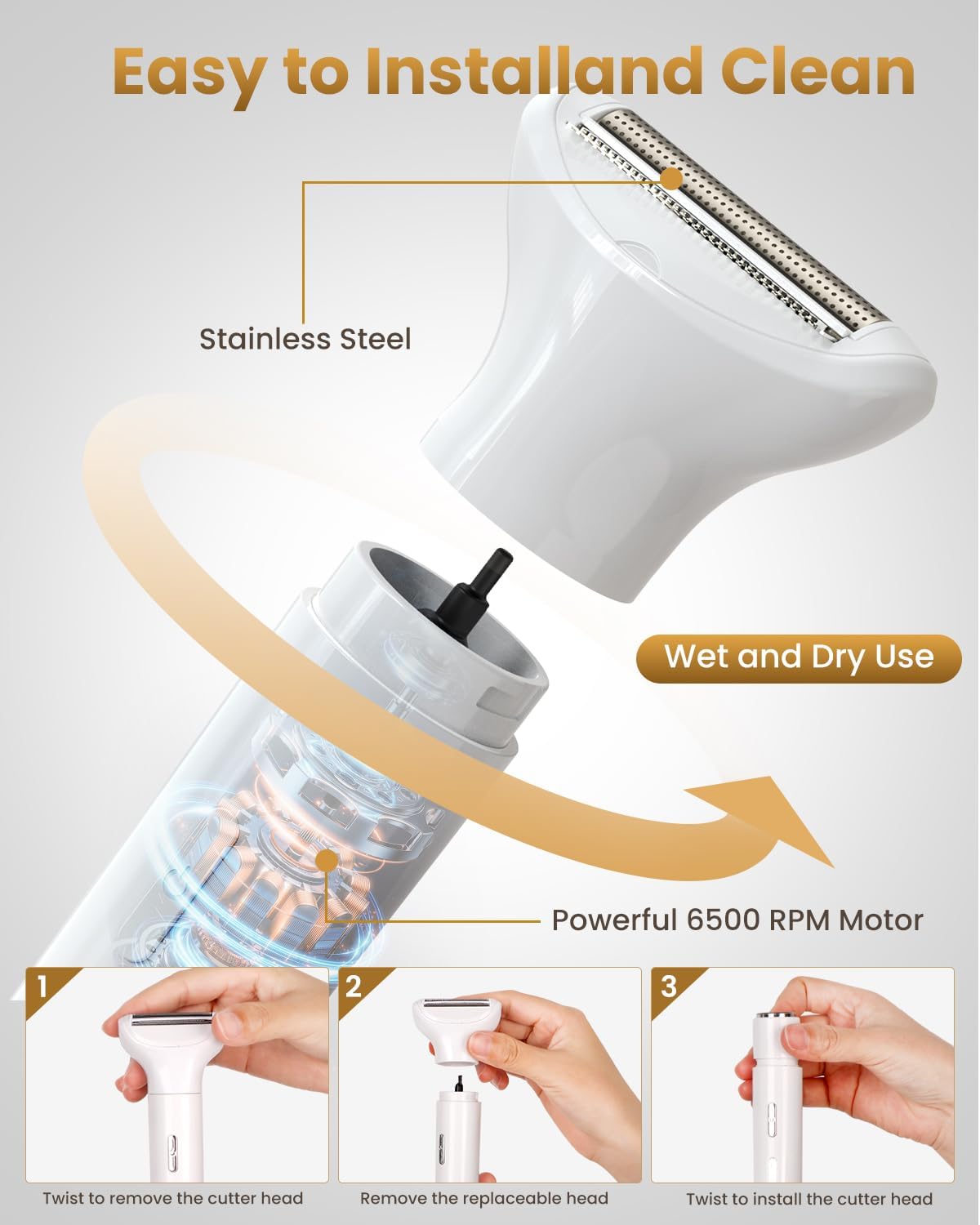 Women's Cordless Portable 4 in 1 Painless Shaver, for face Legs Brows Nose Detachable Head USB Rechargeable Hair Trimmer (White)