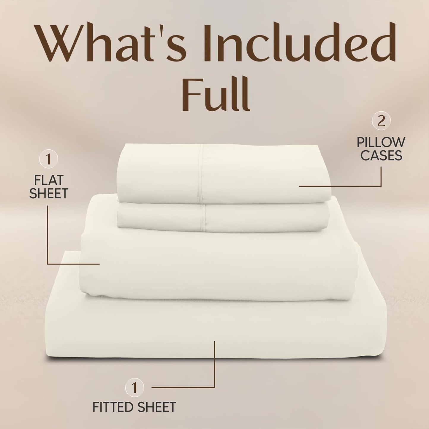 Naiade Full Size Sheet Set, Soft Microfiber 4 Piece Hotel Luxury Bed Sheets with Deep Pockets, Embroidered Pillow Case, Side Storage Pocket Fitted Sheet, Flat Sheet (Ivory)