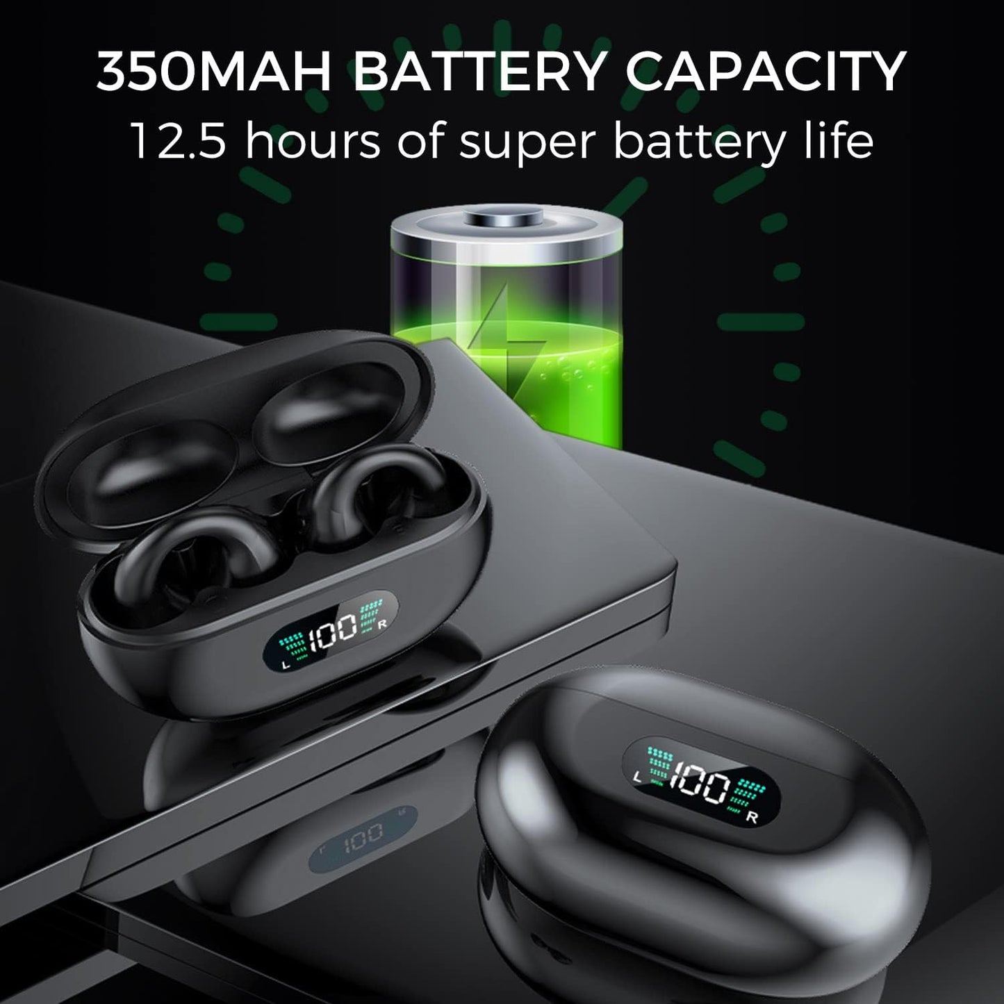 Open Ear Headphones Earbuds wireless - 5.4 Bluetooth Ear Buds with LED Digital Display IPX7 Waterproof, Wireless Headphones Touch Control Air Conduction Stereo Sound with 18.2mm Drivers 80H Playtime