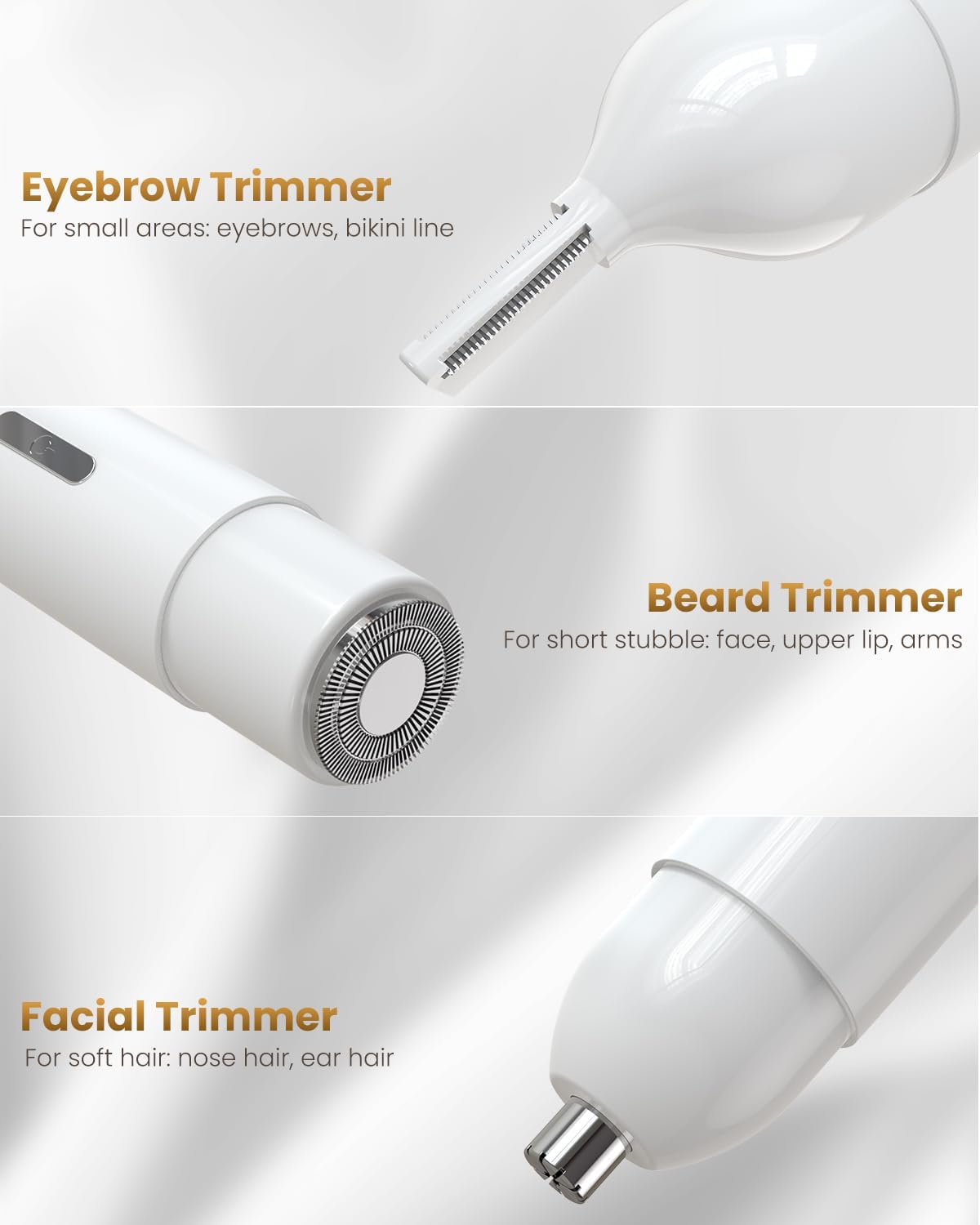 Women's Cordless Portable 4 in 1 Painless Shaver, for face Legs Brows Nose Detachable Head USB Rechargeable Hair Trimmer (White)