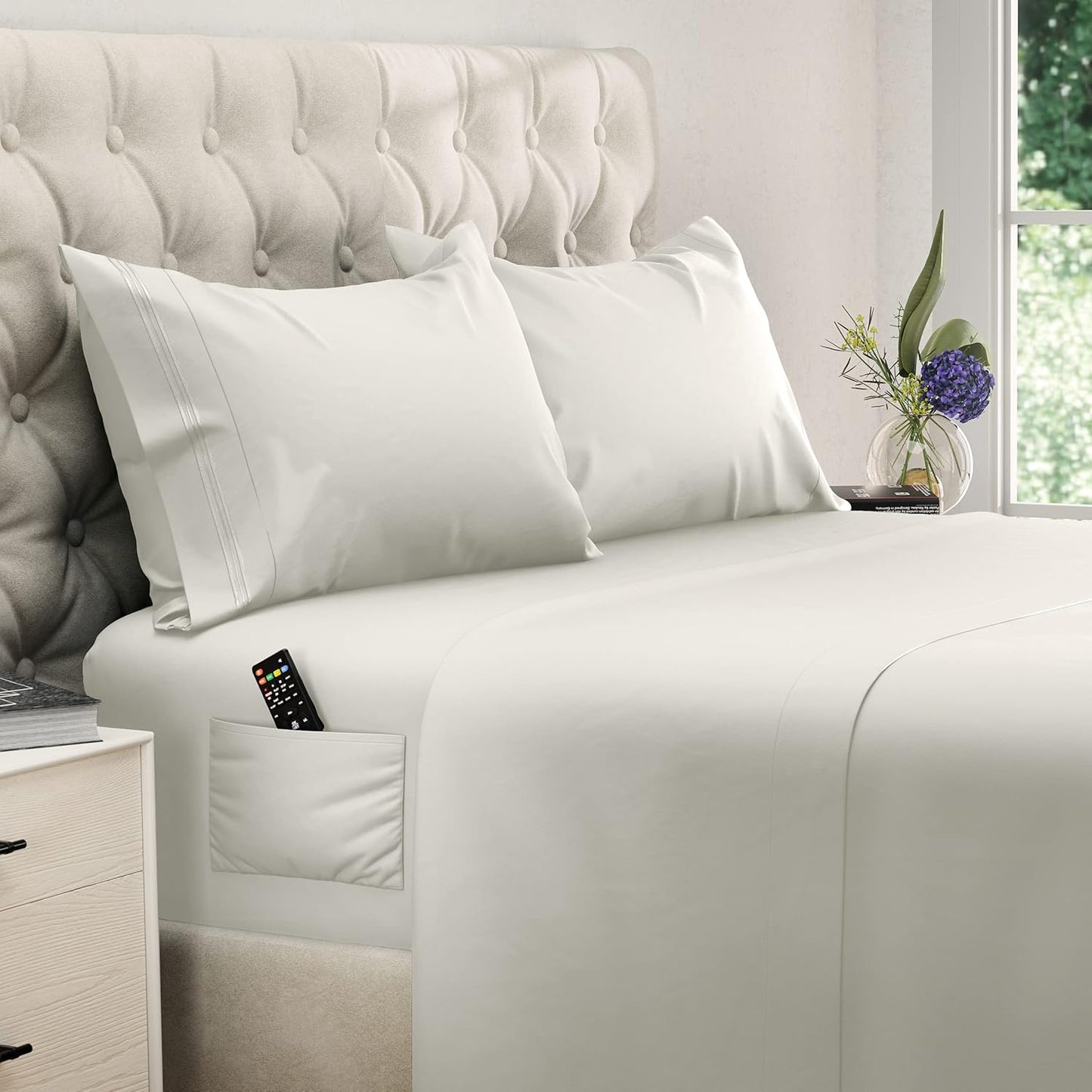 Naiade Full Size Sheet Set, Soft Microfiber 4 Piece Hotel Luxury Bed Sheets with Deep Pockets, Embroidered Pillow Case, Side Storage Pocket Fitted Sheet, Flat Sheet (Ivory)