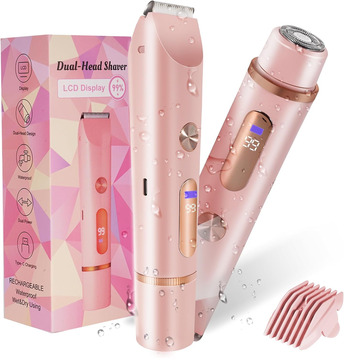 Bikini Trimmer for Women 2 in 1 High Power Epilators Hair Removal Waterproof Electric Razors Women's Electric Razor Pubic Hair Trimmer Shaver for Women for Ladies Pubic, Face, Underarms, Legs (Pink)