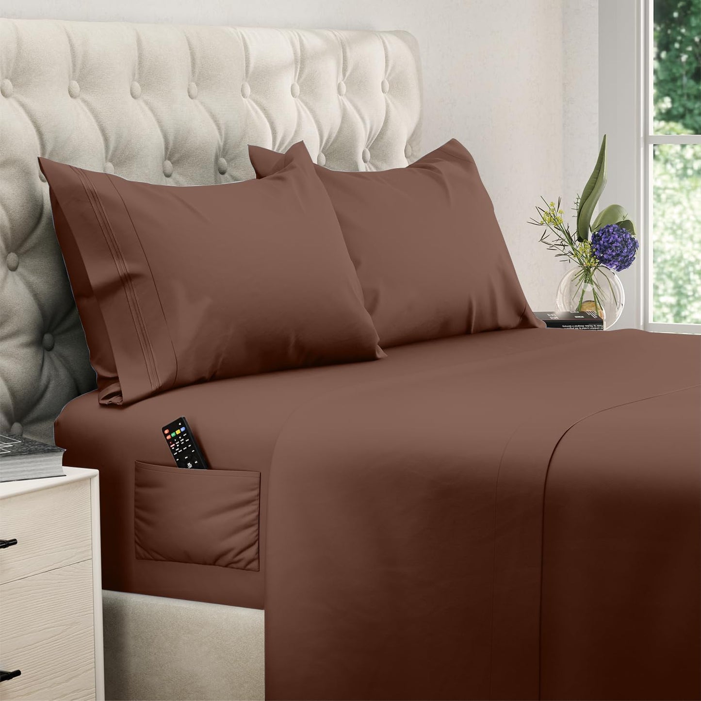 Naiade Queen Size Sheet Set,Soft Microfiber 4 Piece Hotel Luxury Bed Sheets with Deep Pockets, Embroidered Pillow Case,Side Storage Pocket Fitted Sheet, Flat Sheet (Brown)