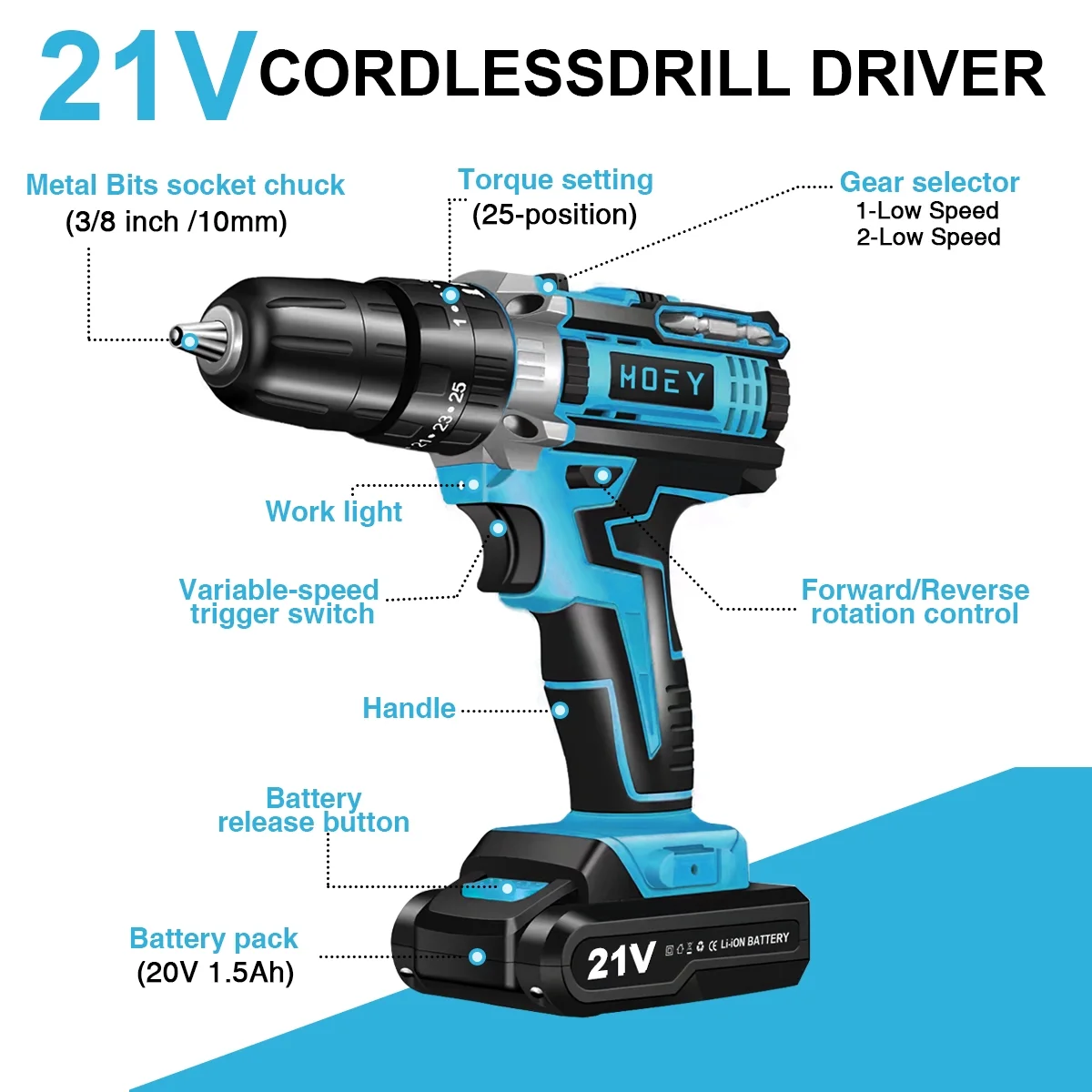 Hoey 21V Cordless Drill Set, Electric Power Drill 34Pcs with 3/8 Inch Keyless Chuck, 25+3 Clutch Drill with Work Light, Max torque 45Nm, 2-Variable Speed & Battery and Fast Charger