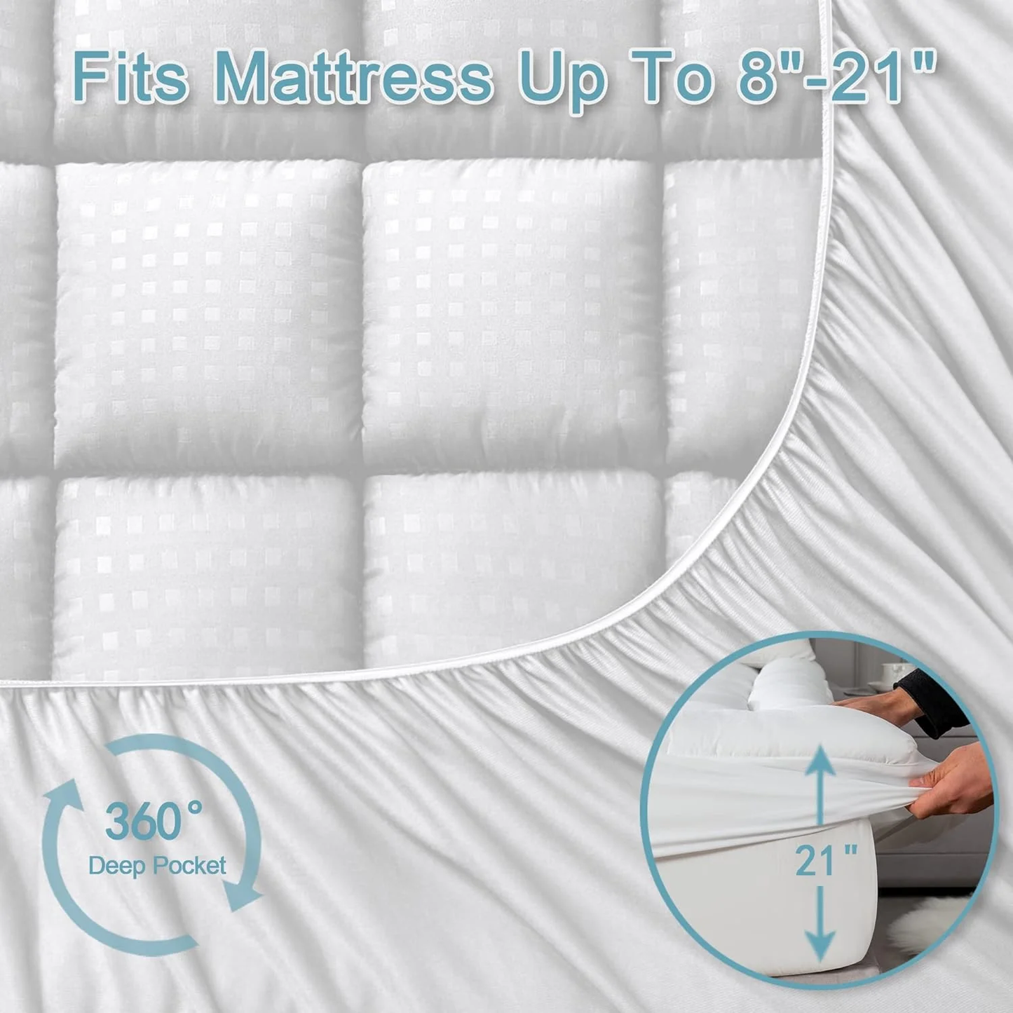 Hoey Queen Size Waterproof Mattress Pad Protector, Breathable Quilted Mattress Cover Noiseless Waterproof Fitted Sheet Mattress Topper Up to 21" Deep Pocket