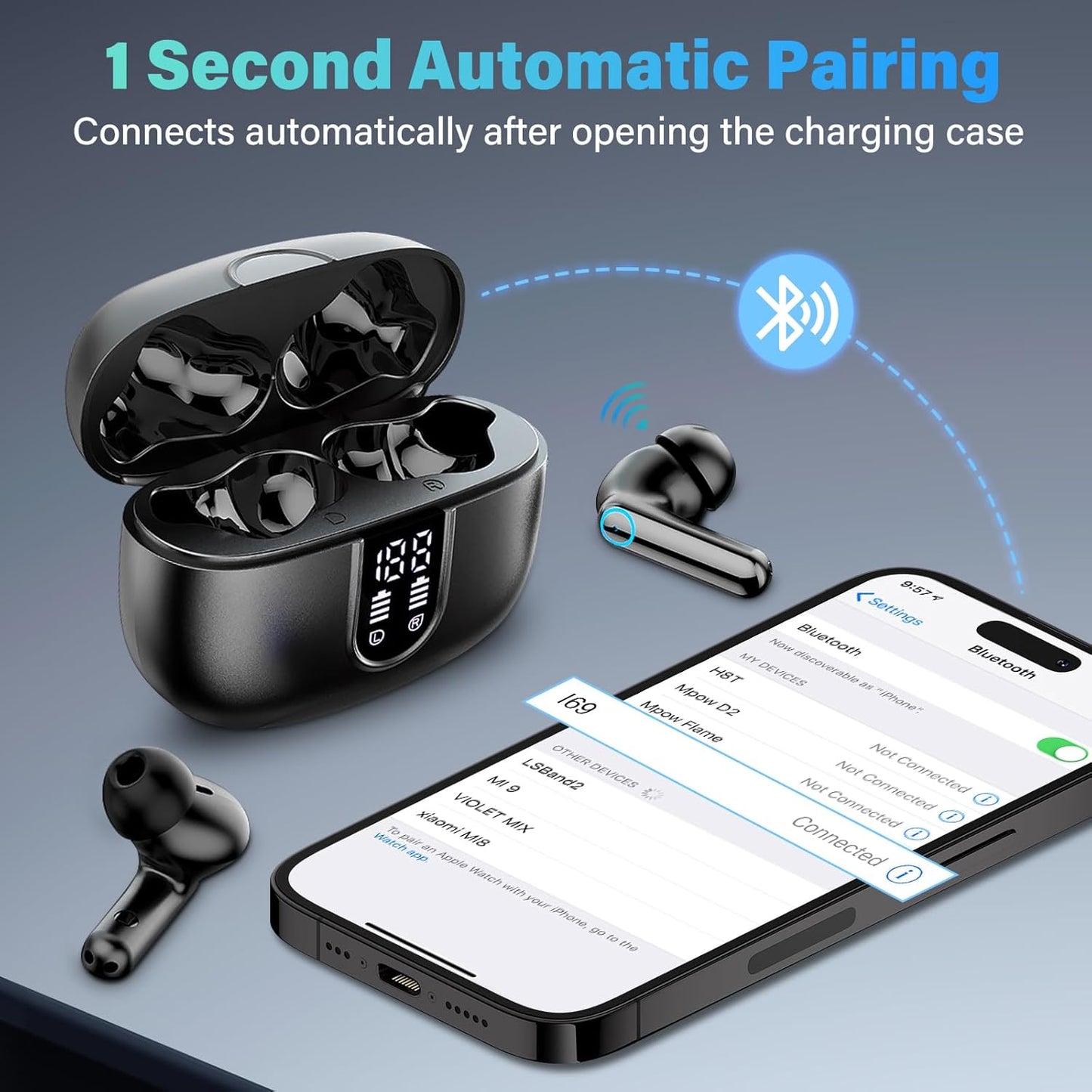 BT 5.4 Earbuds 50H Waterproof LED Display Deep Bass Headset Unisex Hoey