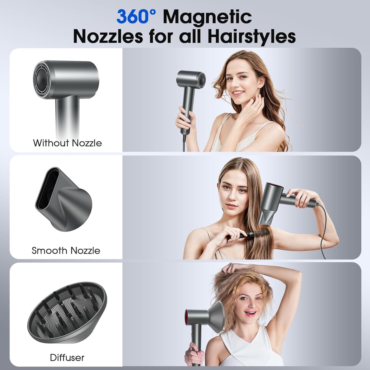 Professional Ionic Hair Dryer - 110,000 RPM High-Speed Motor & 1600W Power for Fast Drying, 8 Heat/Speed Settings, Magnetic Nozzle, Low Noise, Heat-Safe, ALCI Safety Plug, Home/Travel/Salon Use