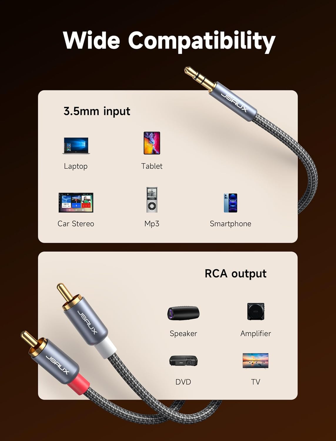 RCA to 3.5mm Cable 6 ft, Aux to XLR Female Microphone Cable Nylon Braided for Speaker TV