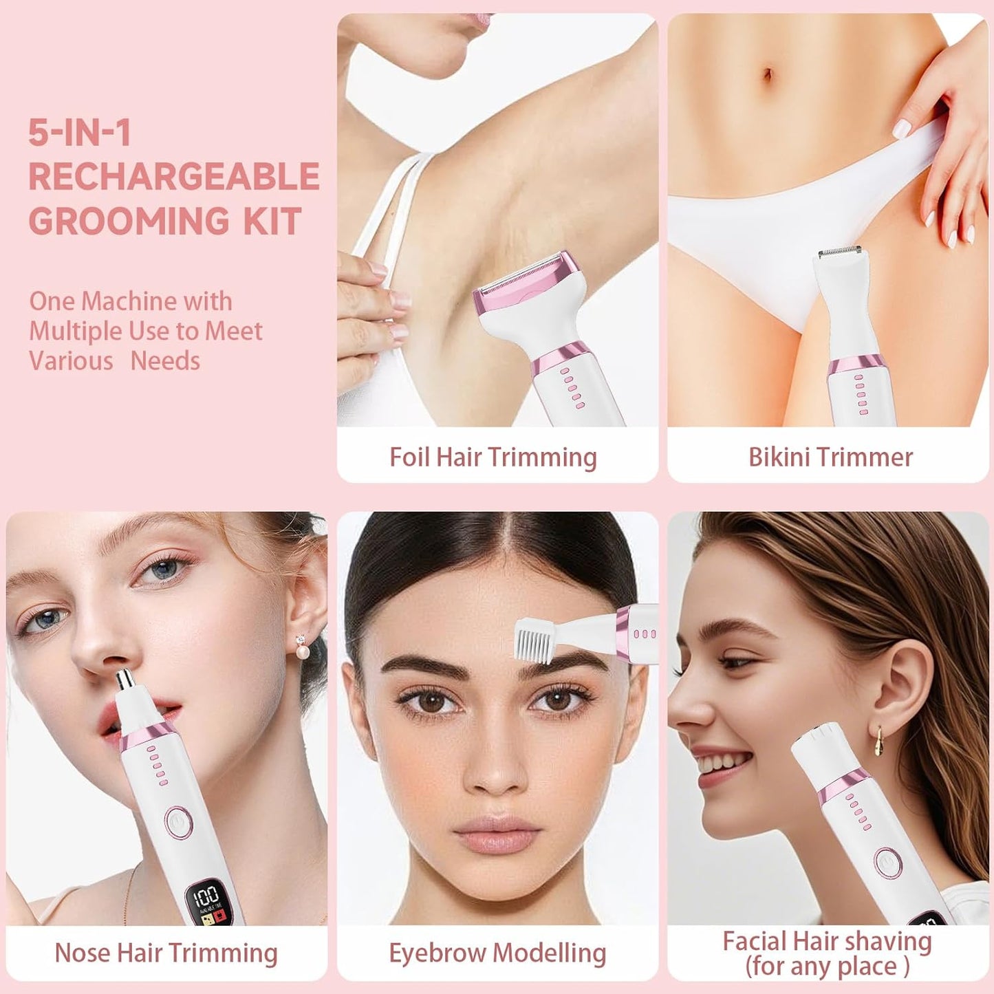 4 in 1 Electric Razors for Women, Portable Shaver with Digital LED Battery Display, Rechargeable Women Electric Trimmer for Face Arm Body Legs Underarm Bikini