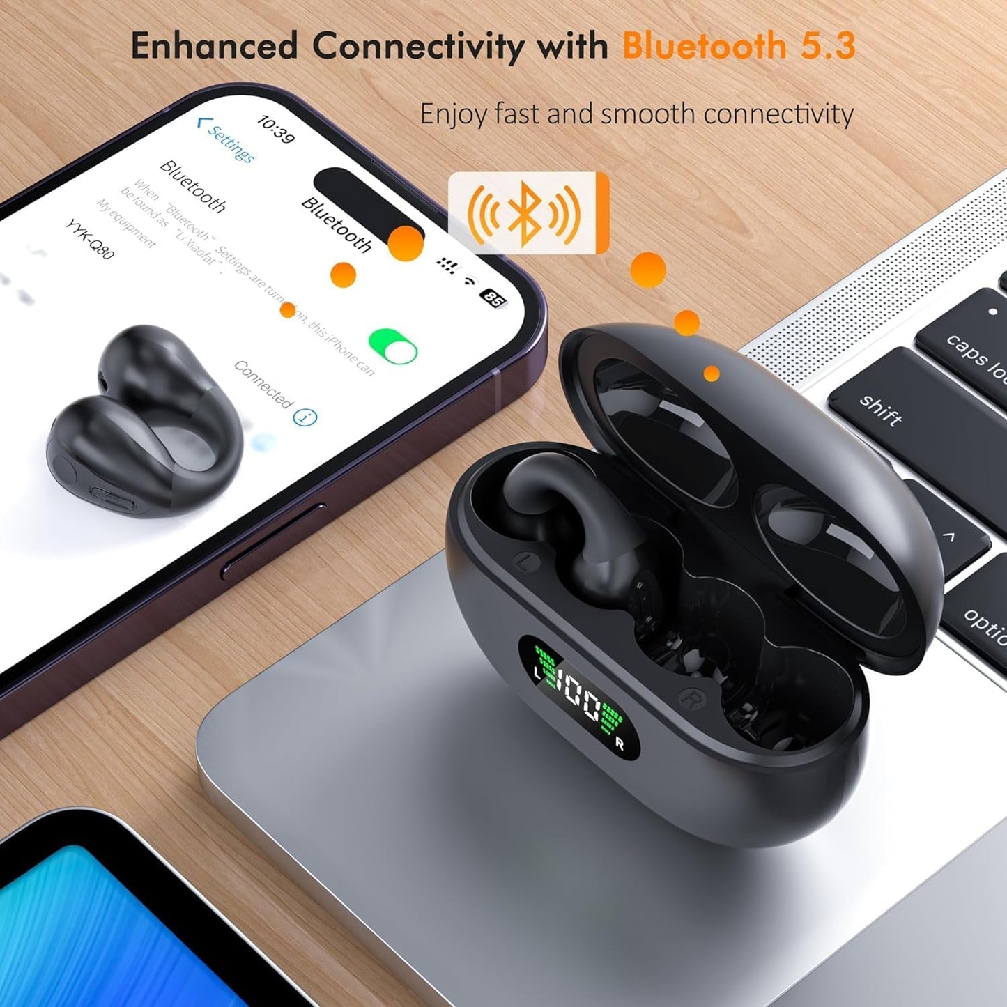 Open Ear Headphones Earbuds wireless - 5.4 Bluetooth Ear Buds with LED Digital Display IPX7 Waterproof, Wireless Headphones Touch Control Air Conduction Stereo Sound with 18.2mm Drivers 80H Playtime