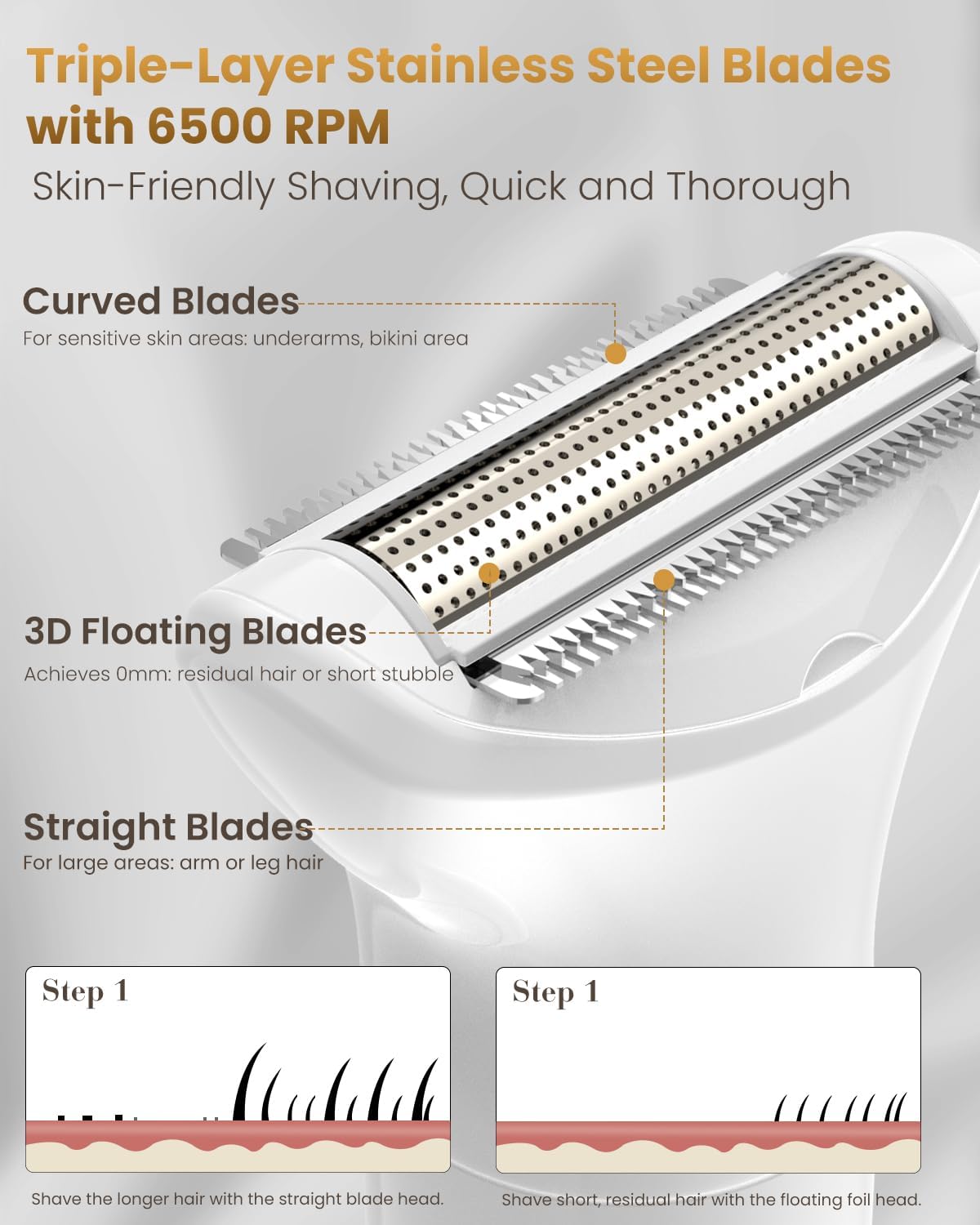 Women's Cordless Portable 4 in 1 Painless Shaver, for face Legs Brows Nose Detachable Head USB Rechargeable Hair Trimmer (White)