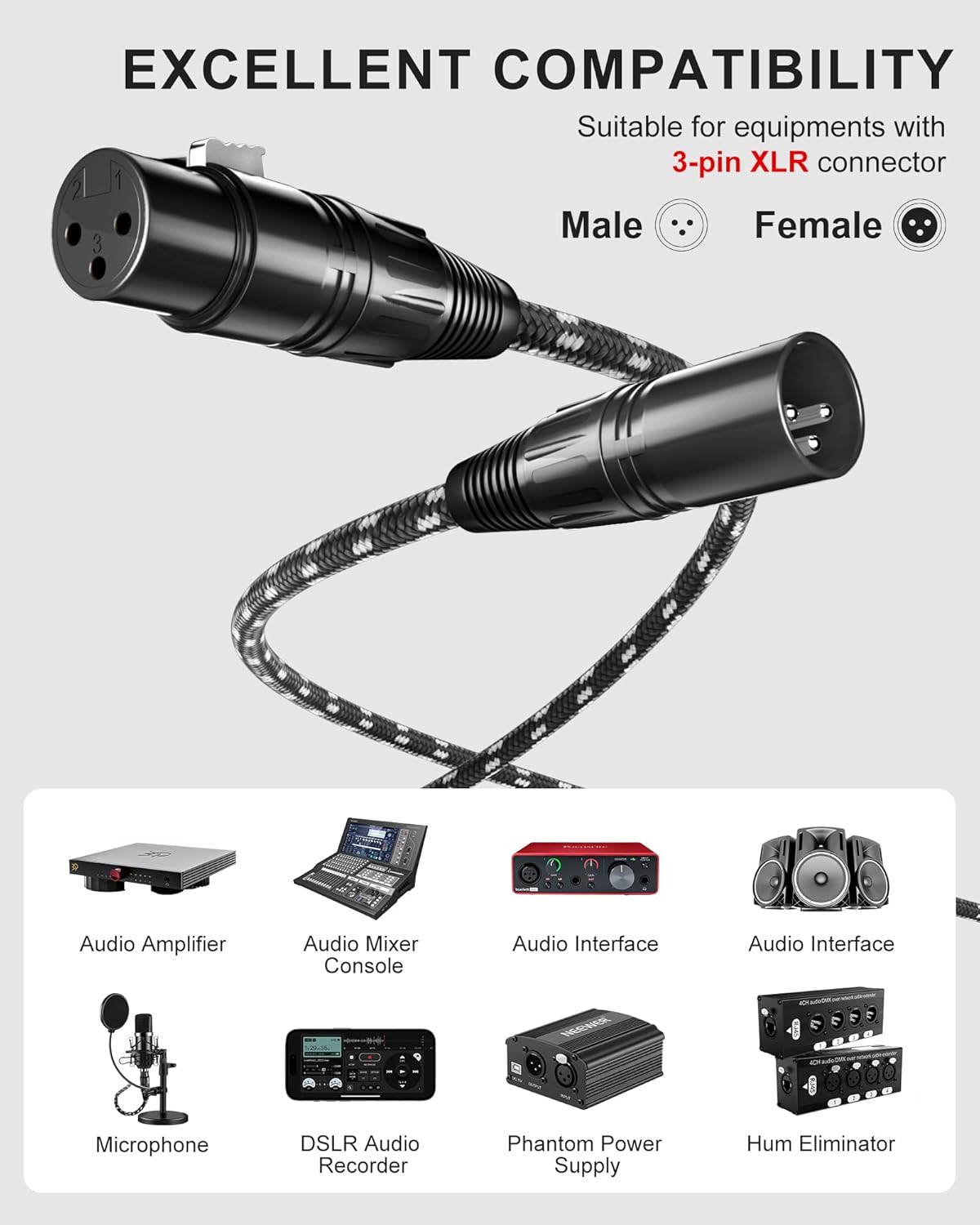 XLR to XLR Cable 3.3FT, 3-Pin Male/Female Balanced Mic Cord for Shure, Speaker