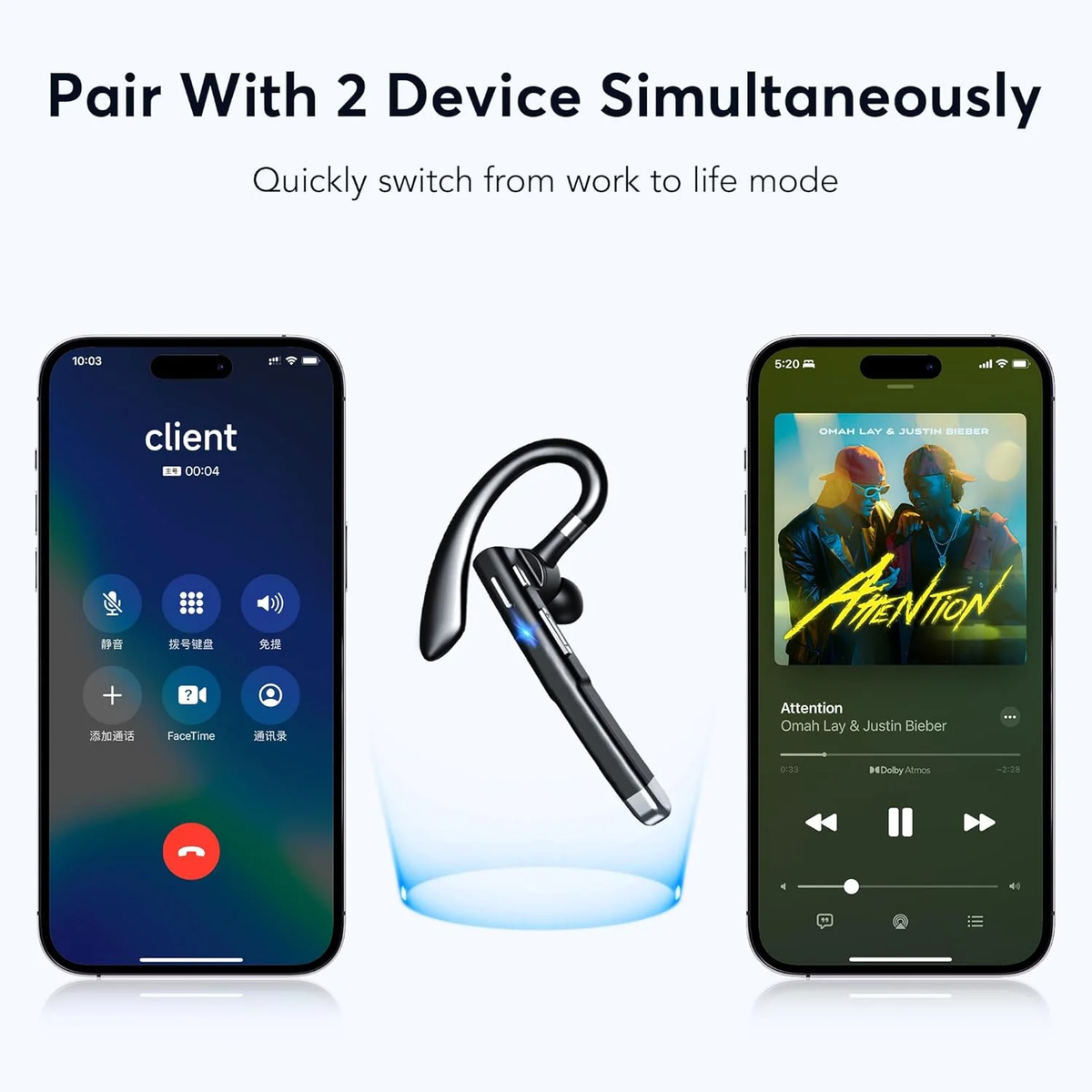 Bluetooth Headset, V5.3 Wireless Earpiece Bass Stereo, Built-in Microphone, 48H Talk Time, 5 Days Standby Time, Wireless Headset with Mic for Work Business Office Trucker