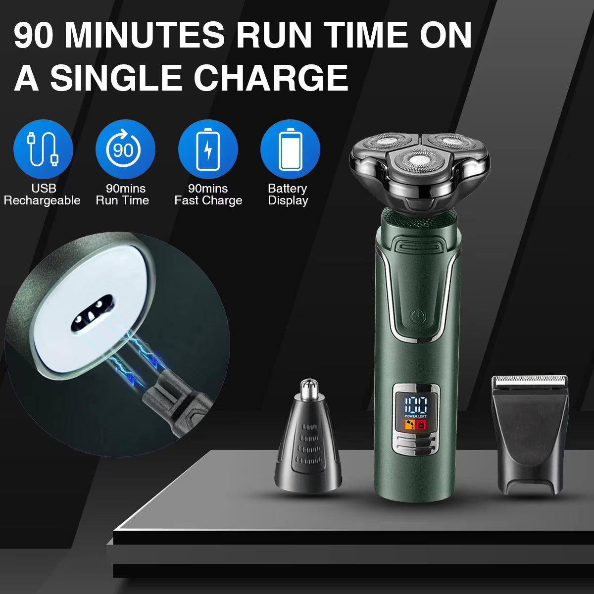 Obacre Electric Shaver Razor for Men, 3 in 1 Men's Cordless LED Display IPX7 Waterproof Nose Hair Beard Trimmer Grooming Kit with Wet Dry Rechargeable Use