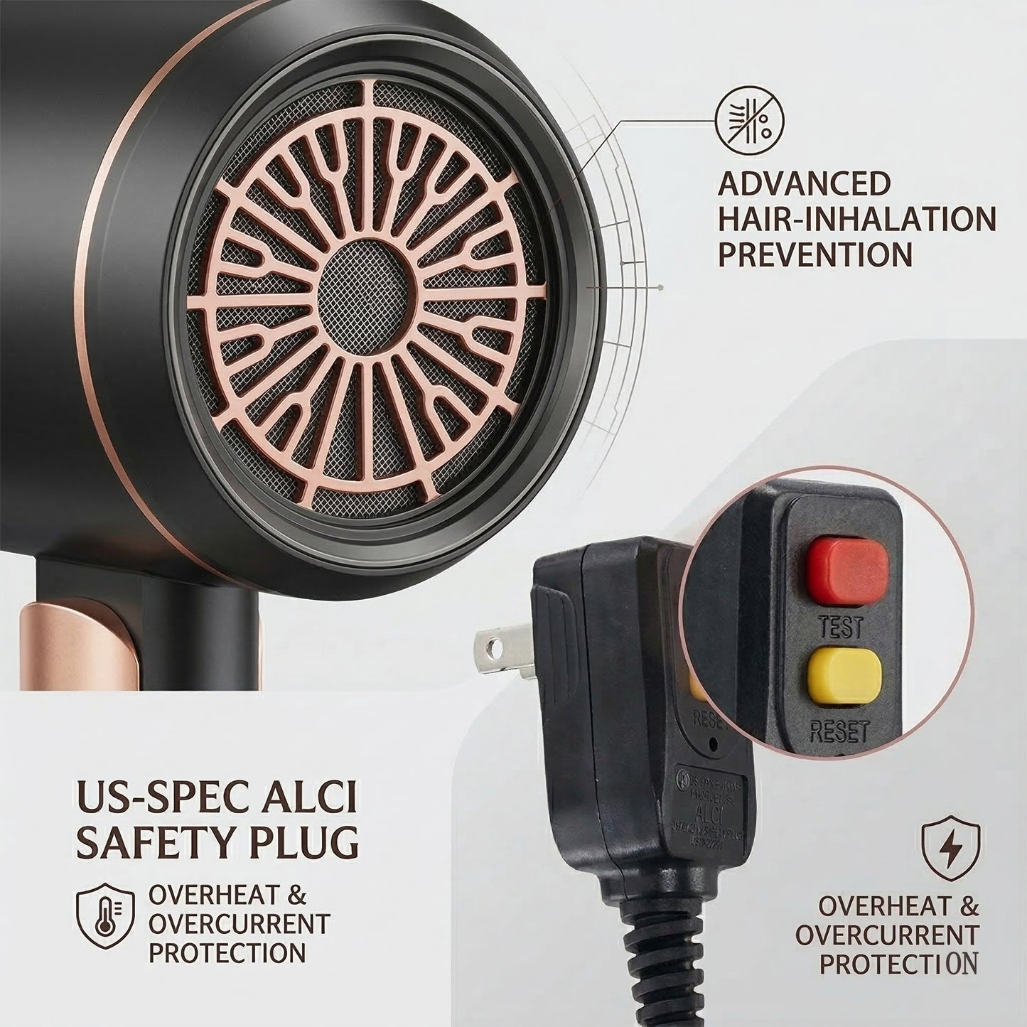 Professional Ionic Hair Dryer, Powerful 1800W & 3 Heat Settings Fast Drying Low Noise Blow Dryer with 2 Concentrator Nozzle 1 Diffuser Attachments for Home Salon Travel, ALCI Safety Plug