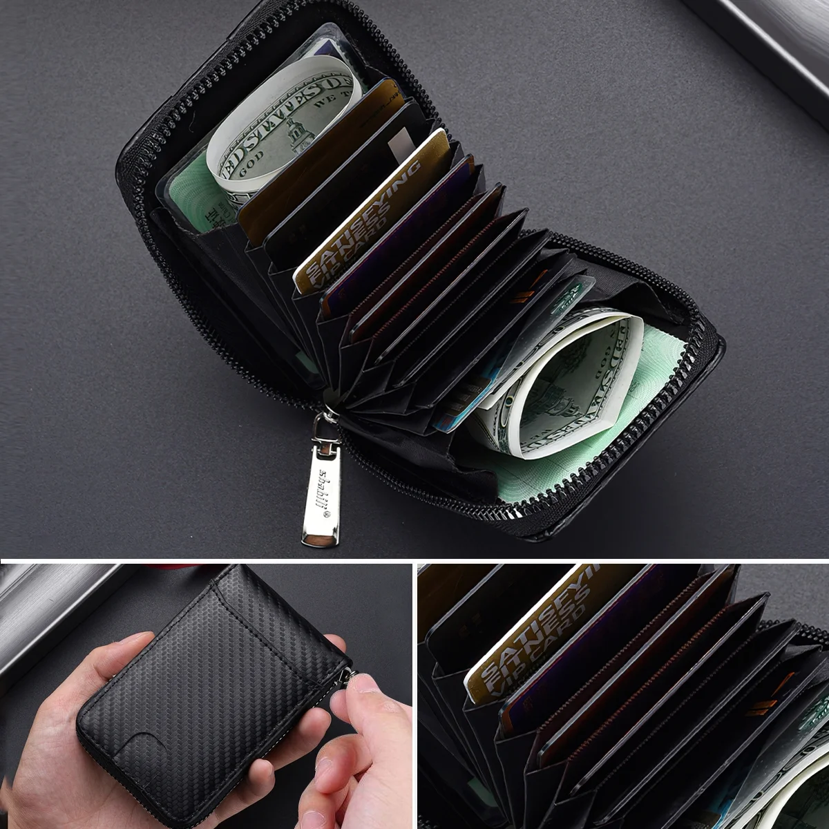 Zipper Wallet for Men, RFID Blocking around Bifold Wallet, Leather Zippered coin pocket, Huge Storage Capacity Card Holder Organizer