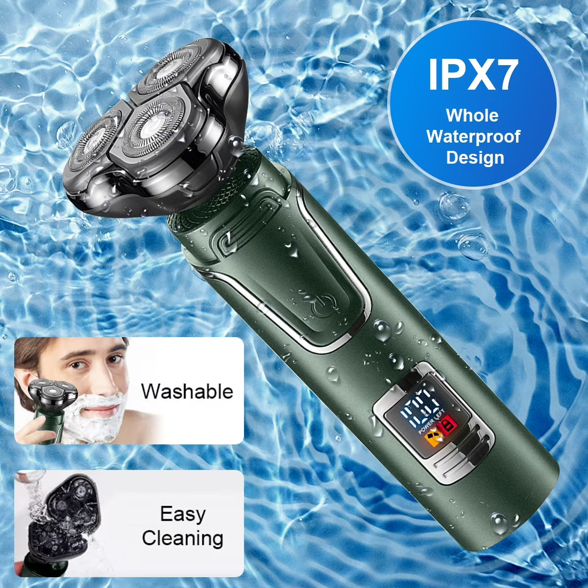 Obacre Electric Shaver Razor for Men, 3 in 1 Men's Cordless LED Display IPX7 Waterproof Nose Hair Beard Trimmer Grooming Kit with Wet Dry Rechargeable Use