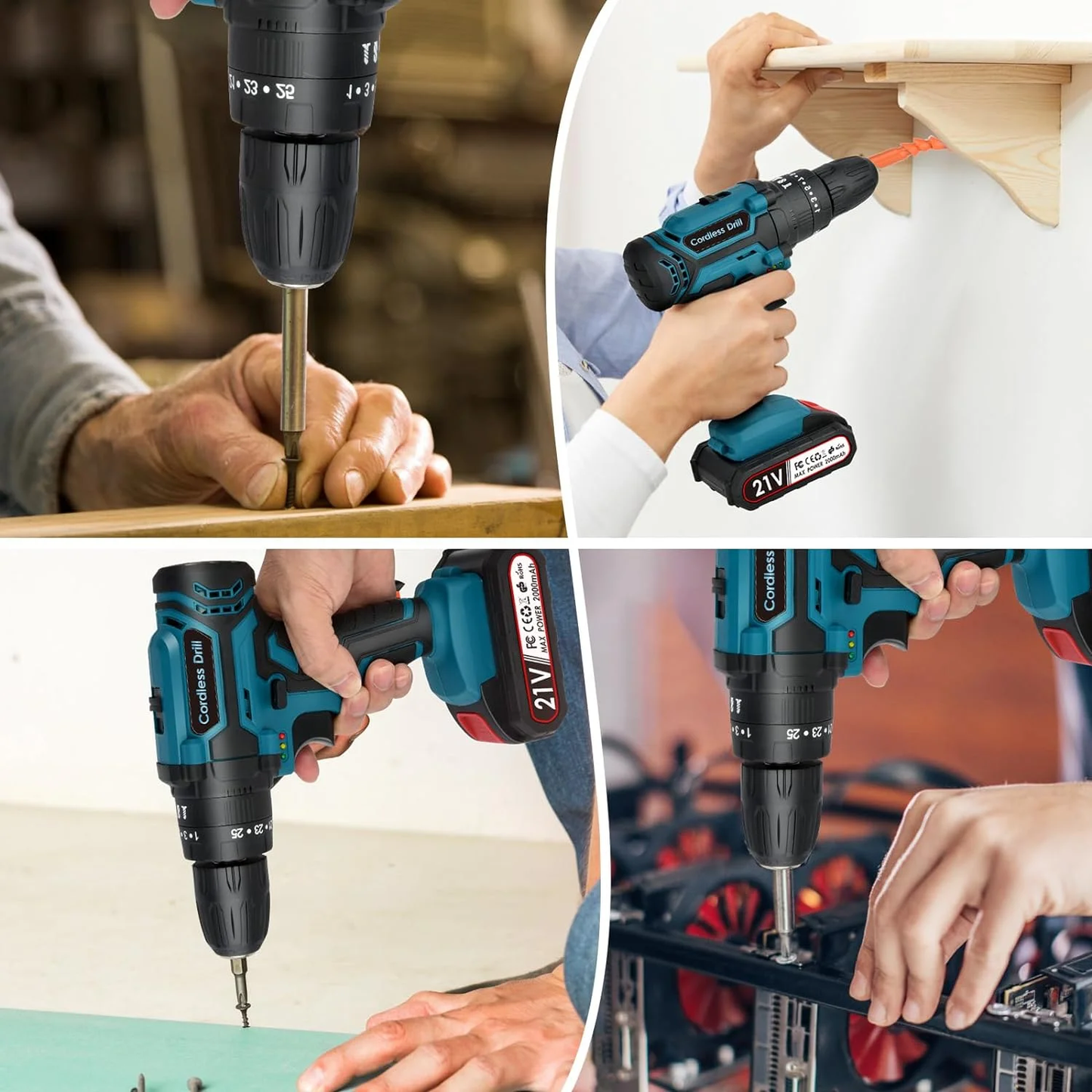 Hoey 21V Cordless Drill Set, Electric Power Drill 34Pcs with 3/8 Inch Keyless Chuck, 25+3 Clutch Drill with Work Light, Max torque 45Nm, 2-Variable Speed & Battery and Fast Charger