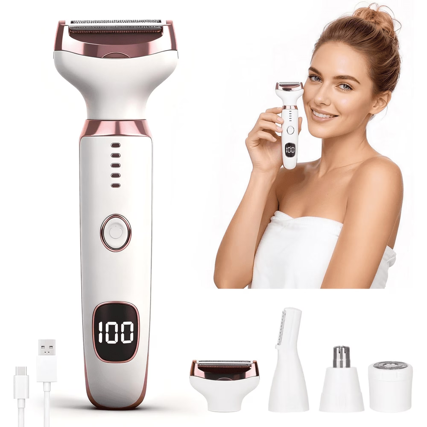 Hoeylife 5-in-1 Electric Shaver Rechargeable Painless Hair Remover Grooming Kit for Women
