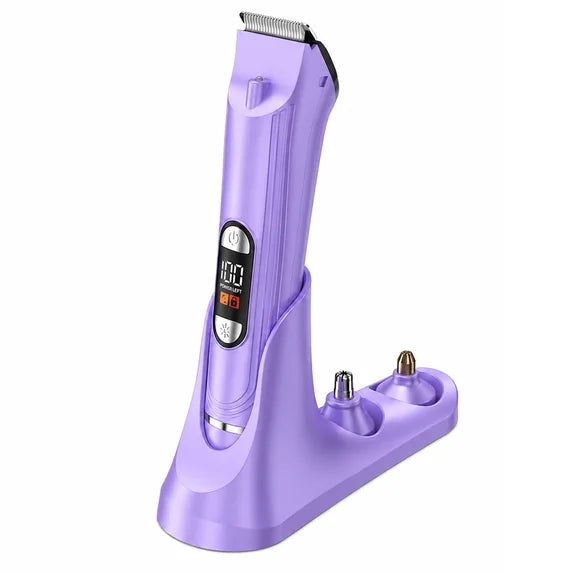 Hoey Electric Razors for Women, 3 in 1 Bikini Trimmer & Pubic Hair Shaver, Rechargeable Female Body Hair Trimmer with Stand, Wet & Dry Cordless Ladys Razor for Face, Legs, Armpits, Nose, Purple