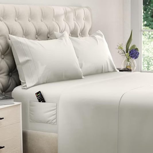 Naiade Twin Size Sheet Set, Soft Microfiber 3 Piece Hotel Luxury Bed Sheets with Deep Pockets, Embroidered Pillow Case, Side Storage Pocket Fitted Sheet, Flat Sheet（Ivory）