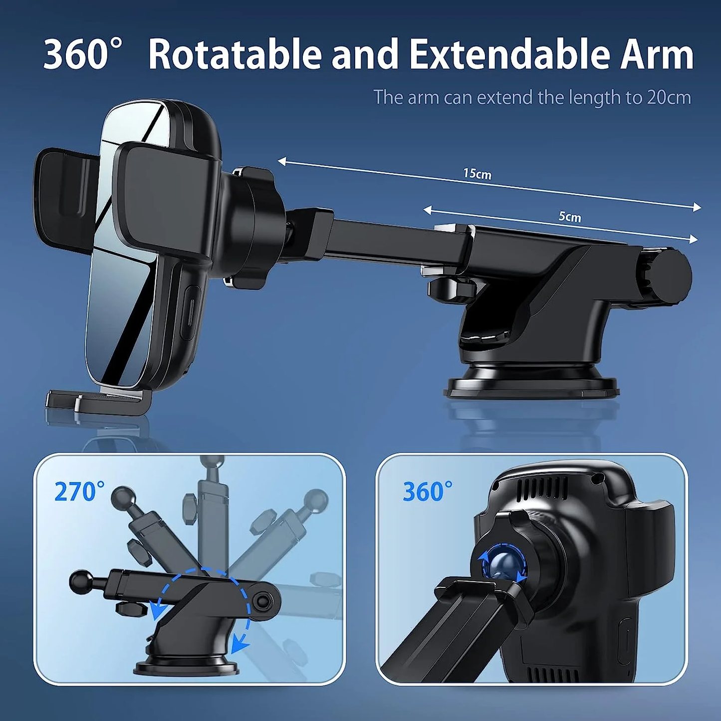 Hoey 3 in 1 Wireless Car Charger, 15W Smart Sensor Auto Clamping Air Vent Dashboard Windshield Car Phone Charging Holder Mount, Compatible for iPhone, Samsung, Google, LG, etc