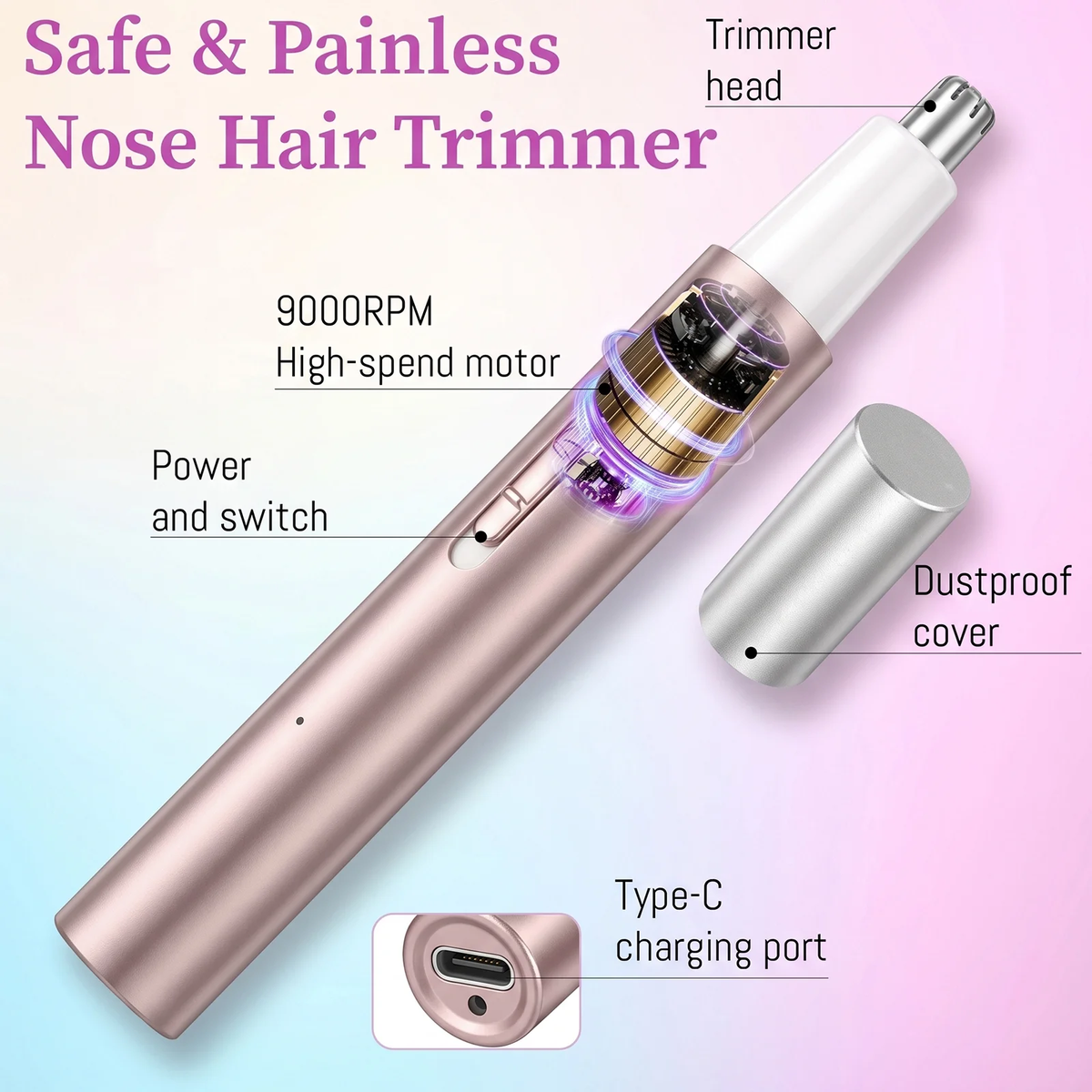 Hoeylife Rechargeable Nose and Ear Hair Trimmer for Women Men – Painless Facial and Eyebrow Hair Remover, Dual-Edge Blades, IPX7 Waterproof, Compact and Portable Electric Clipper
