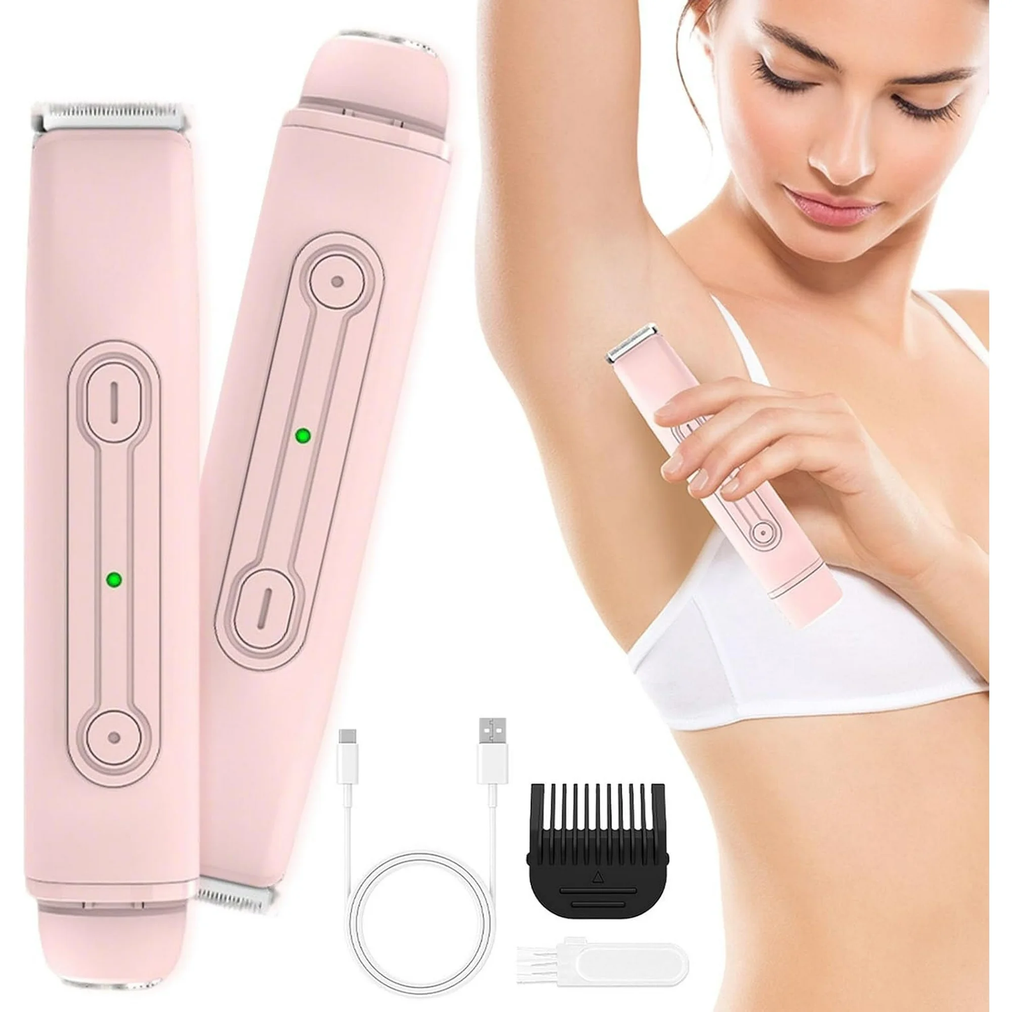 Hoeylife 2 in 1 Women Electric Shaver, Dual Head Bikini Trimmer for Women, IPX6 Waterproof Wet & Dry Use Body Hair Trimmer and Facial Hair Razor for Bikini Underarm Leg Arm Body Face