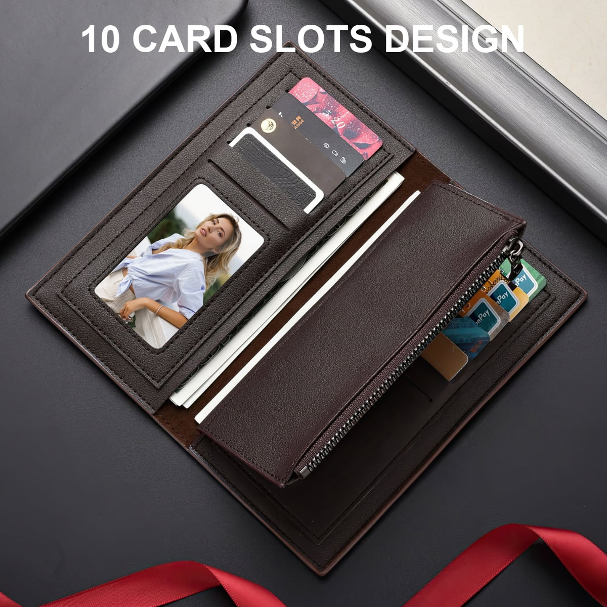Long Wallet for men, RFID Blocking Bifold Leather Wallet, Men's Long Slim Wallet with ID Window and Multiple Card Slots