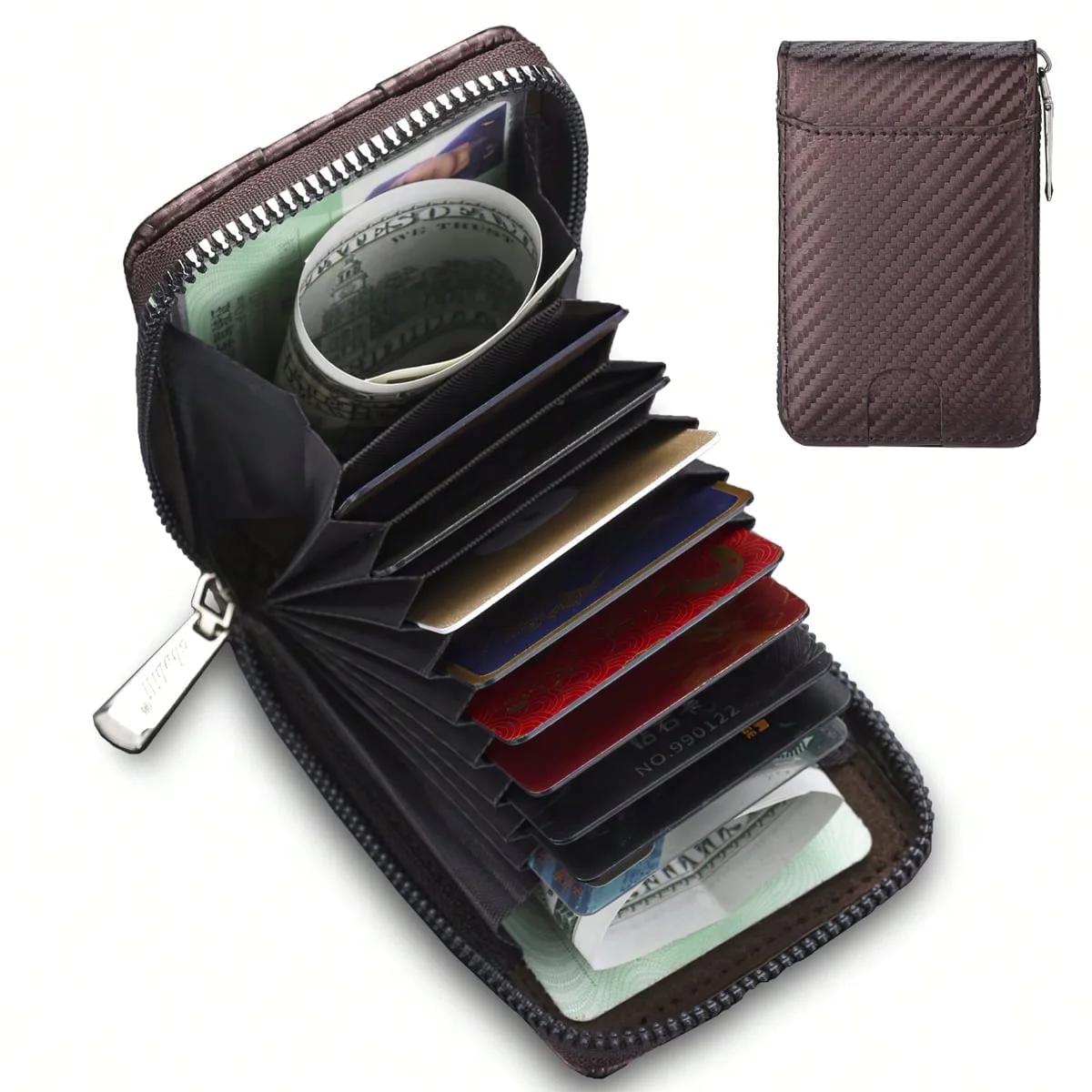 Zipper Wallet for Men, RFID Blocking around Bifold Wallet, Leather Zippered coin pocket, Huge Storage Capacity Card Holder Organizer