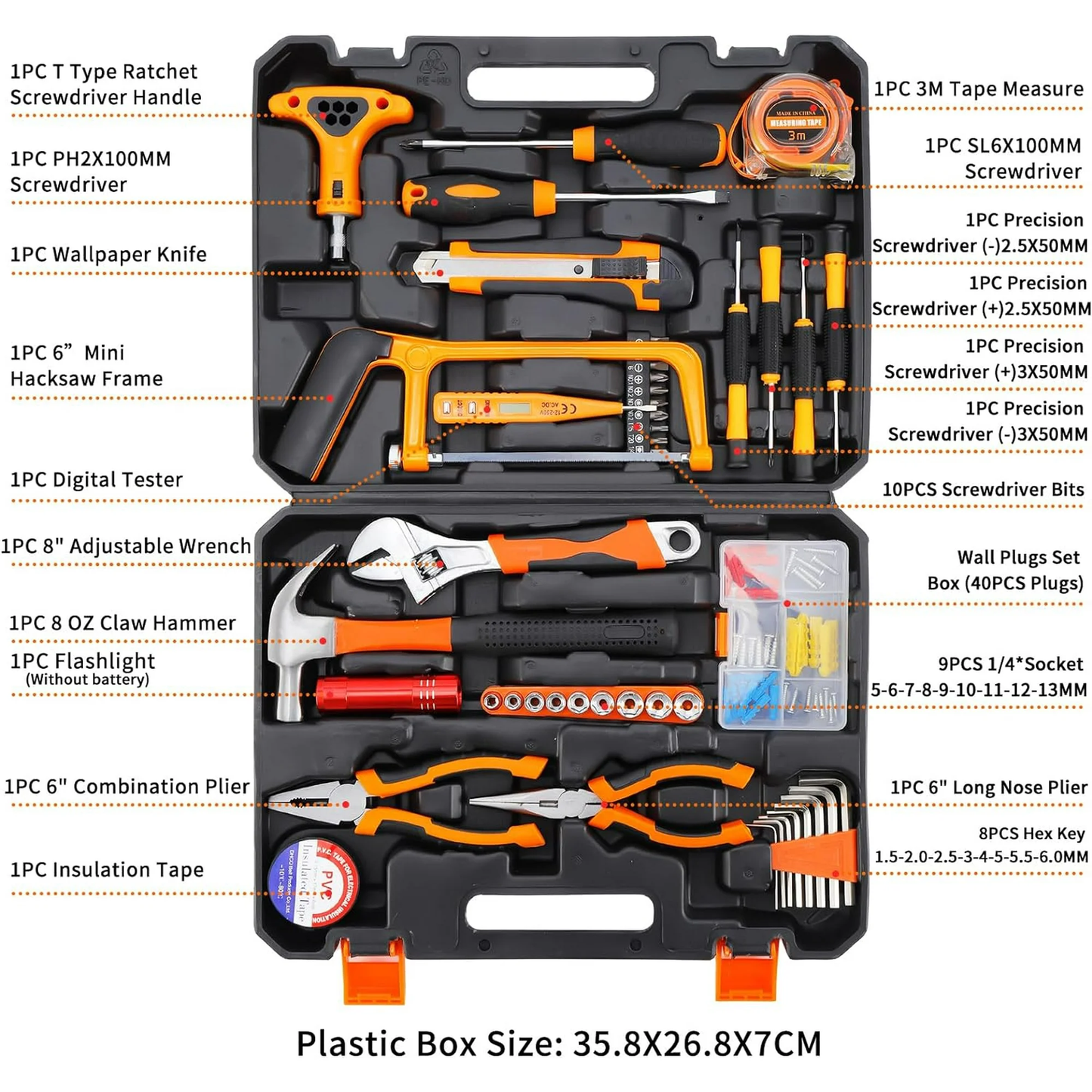 Hoey 105 Piece General Household Tool Set in Tool box Storage Case with Essential Hand Tools for Everyday Home Repairs, DIY and Crafts
