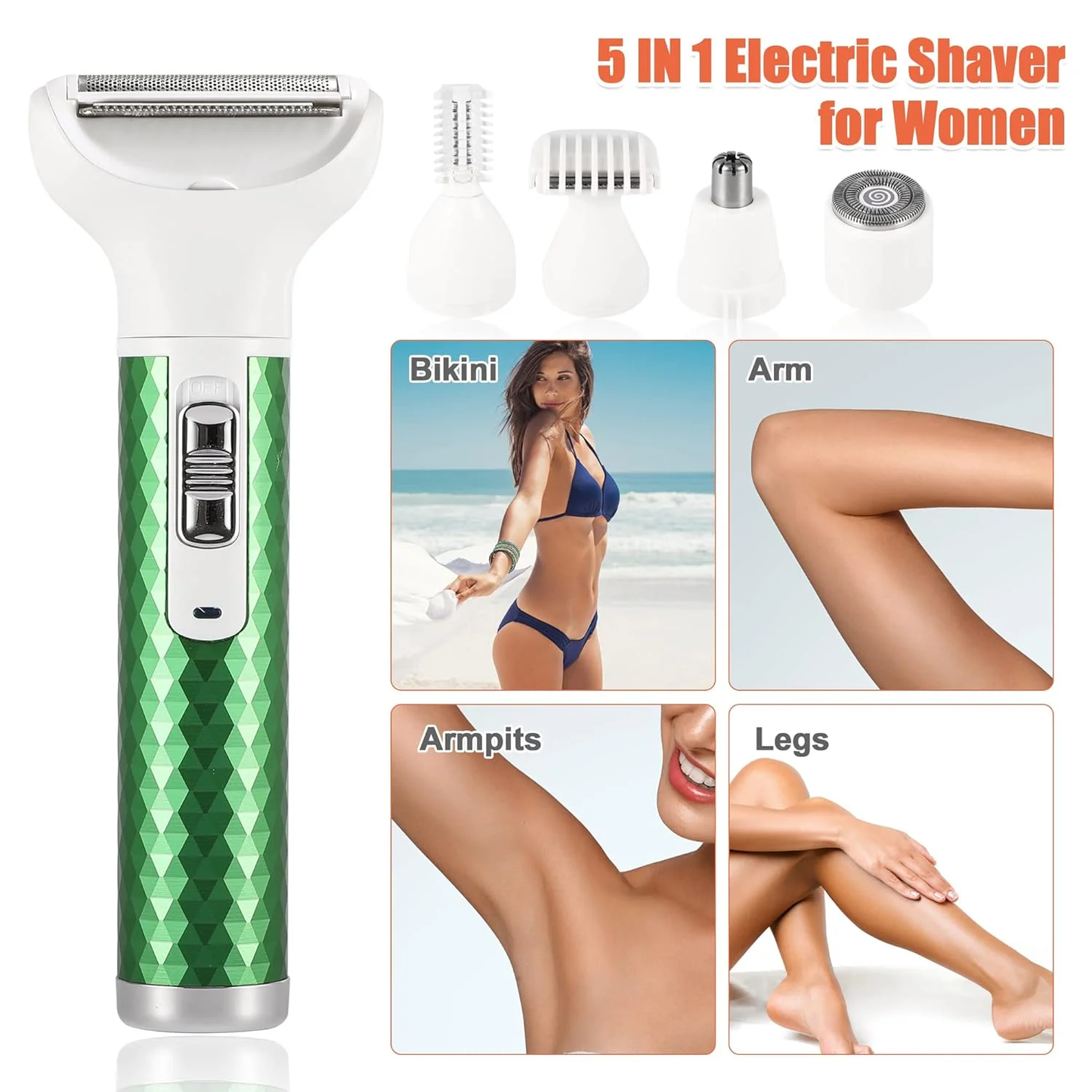 Hoey Electric Razor for Women,5 in 1 Electric Shaver for Women, Portable Rechargeable Hair Trimmer Wet and Dry Cordless Women Shaver Hair Remover for Face, Legs, Nose and Bikini