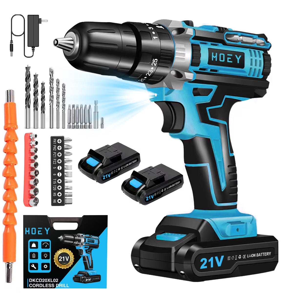 Hoey 21V Cordless Drill Set, Electric Power Drill 34Pcs with 3/8 Inch Keyless Chuck, 25+3 Clutch Drill with Work Light, Max torque 45Nm, 2-Variable Speed & Battery and Fast Charger