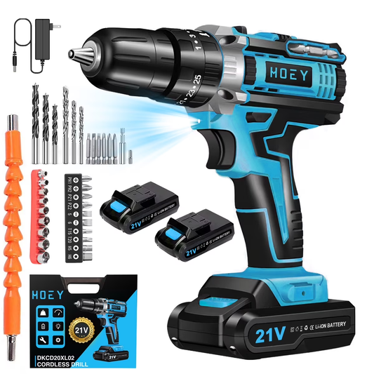 Hoey 21V Cordless Drill Set, Electric Power Drill 34Pcs with 3/8 Inch Keyless Chuck, 25+3 Clutch Drill with Work Light, Max torque 45Nm, 2-Variable Speed & Battery and Fast Charger