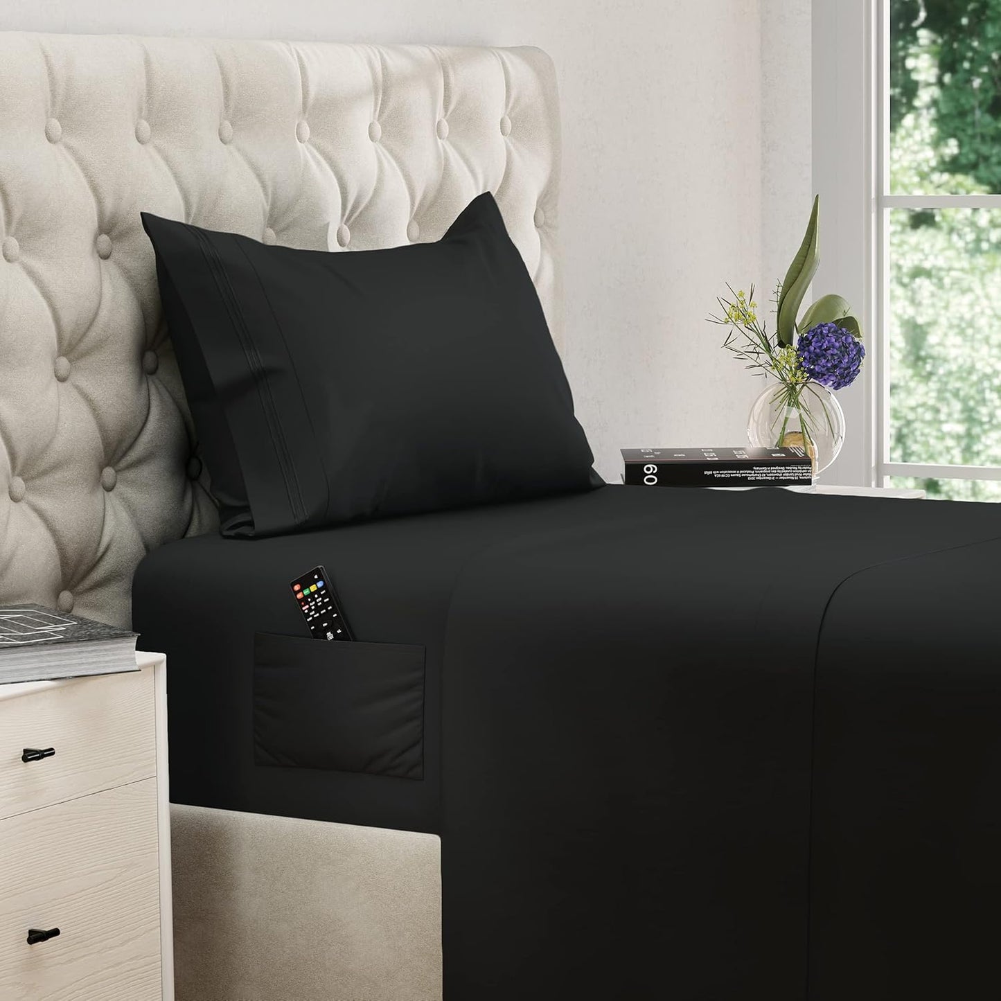 Naiade Twin Size Sheet Set, Soft Microfiber 3 Piece Hotel Luxury Bed Sheets with Deep Pockets, Embroidered Pillow Case, Side Storage Pocket Fitted Sheet, Flat Sheet (Black)
