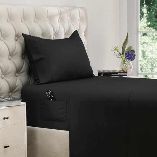 Naiade Twin Size Sheet Set, Soft Microfiber 3 Piece Hotel Luxury Bed Sheets with Deep Pockets, Embroidered Pillow Case, Side Storage Pocket Fitted Sheet, Flat Sheet (Black)